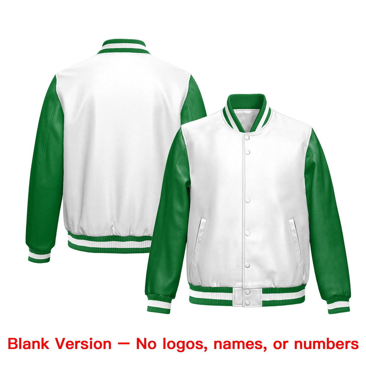 Custom Kelly Green White Raglan Sleeves Full-Snap Varsity Faux Leather Letterman Jacket