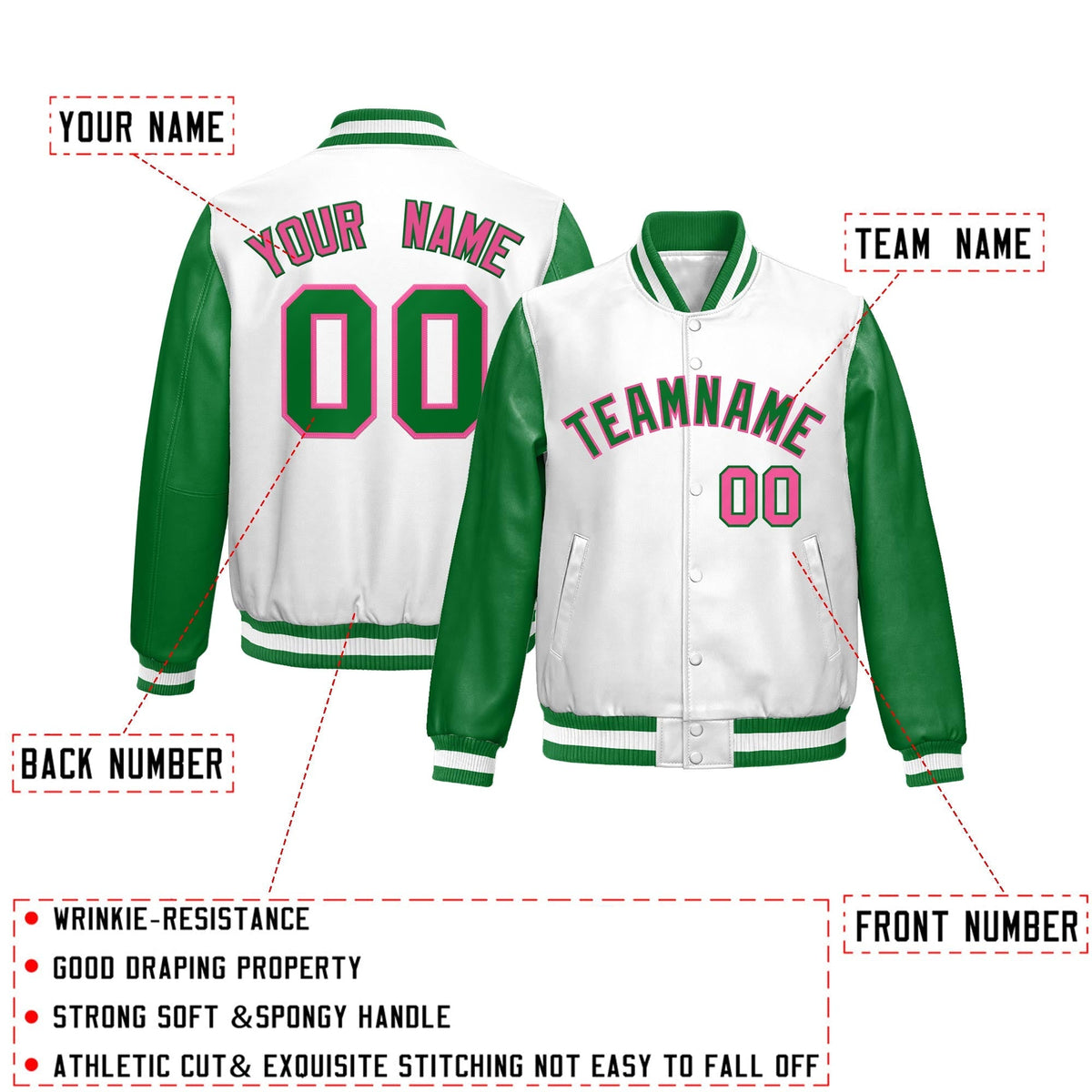 Custom Kelly Green White Raglan Sleeves Full-Snap Varsity Faux Leather Letterman Jacket