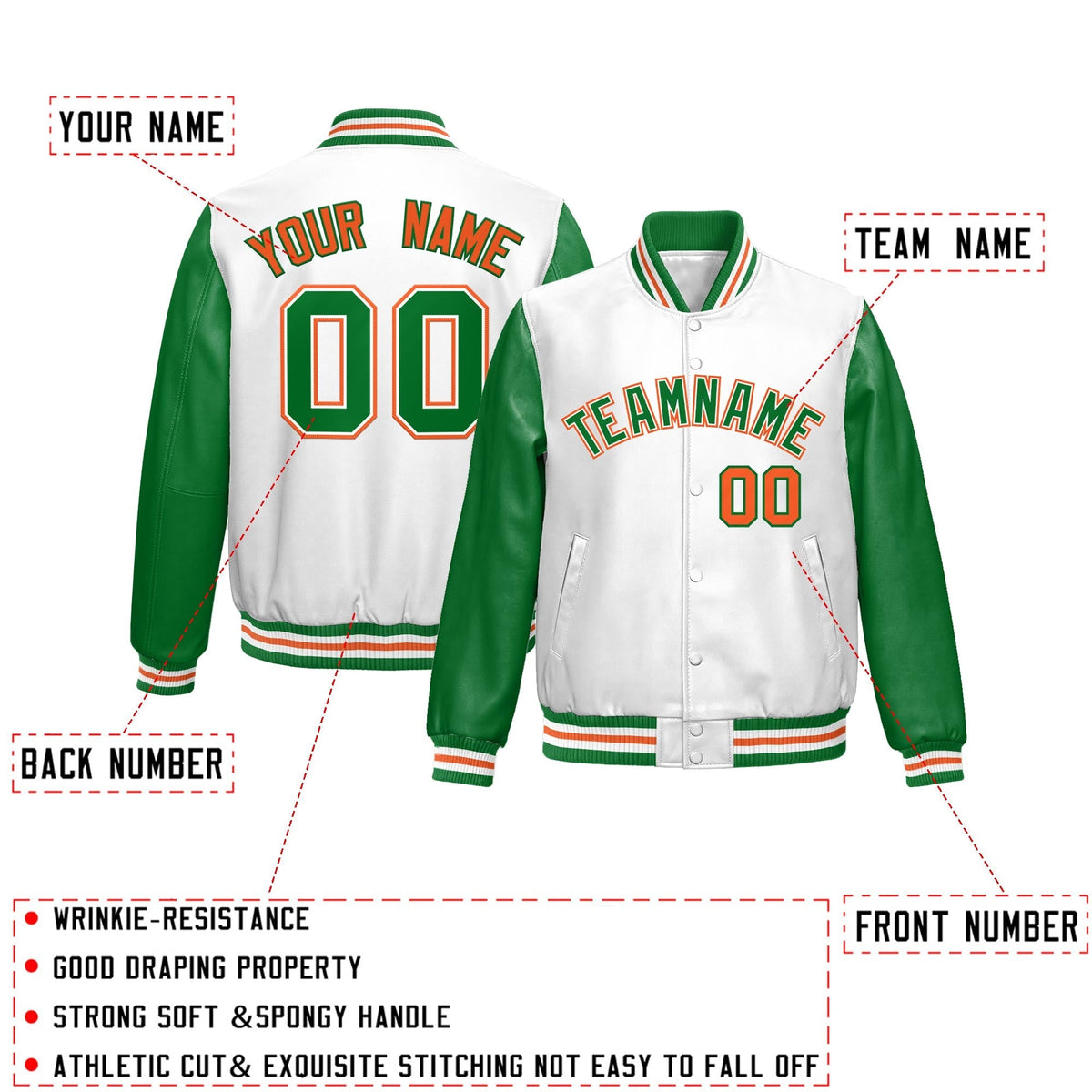 Custom White Kelly Green Raglan Sleeves Full-Snap Varsity Faux Leather Letterman Jacket