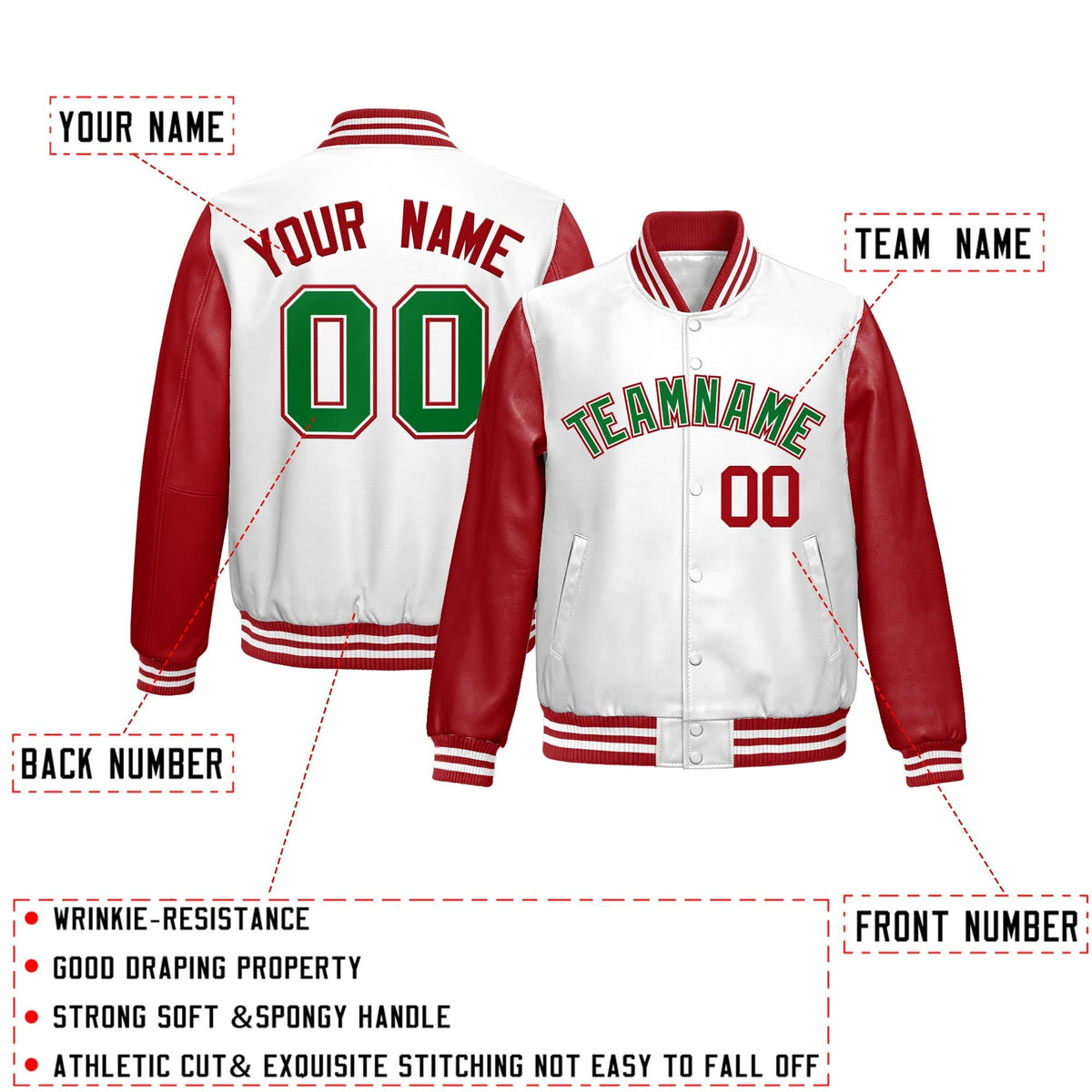 Custom White Red Raglan Sleeves Full-Snap Varsity Faux Leather Letterman Jacket