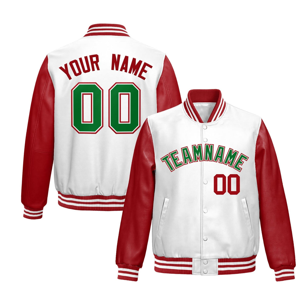 Custom White Red Raglan Sleeves Full-Snap Varsity Faux Leather Letterman Jacket