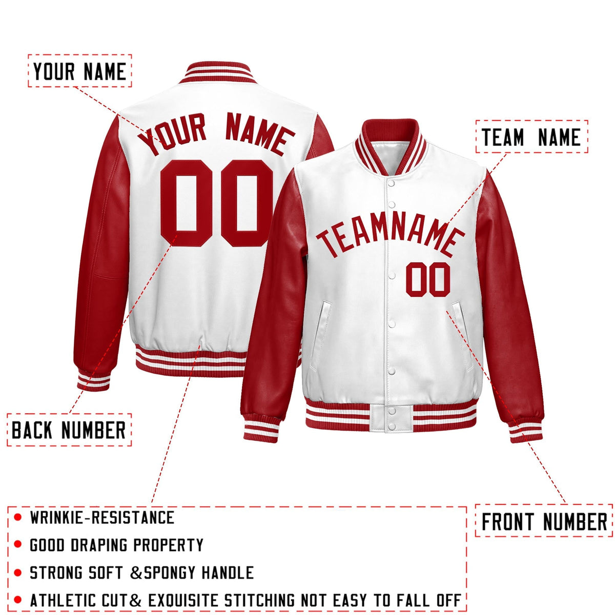 Custom White Red Raglan Sleeves Full-Snap Varsity Faux Leather Letterman Jacket