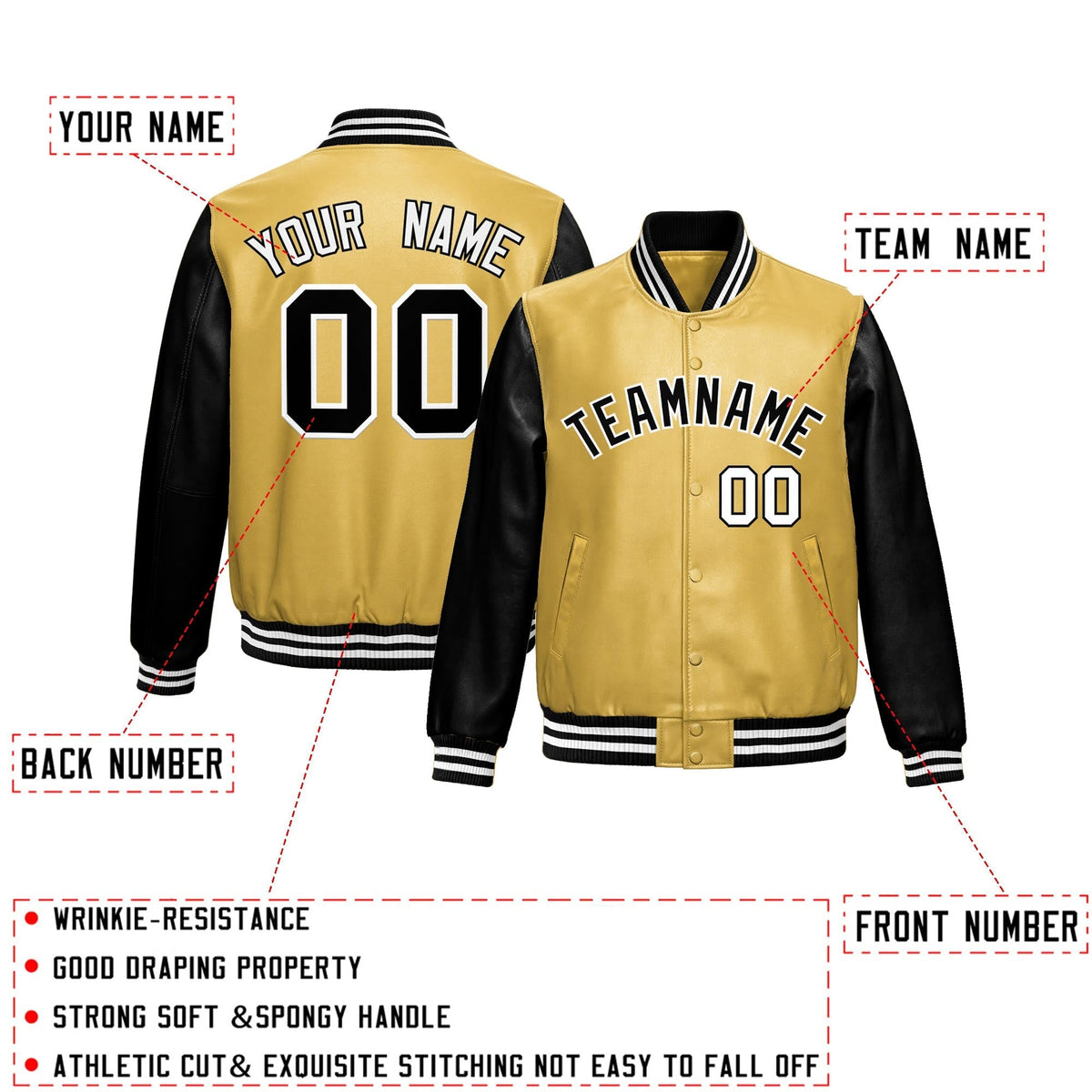 Custom Khaki Black Raglan Sleeves Full-Snap Varsity Faux Leather Letterman Jacket