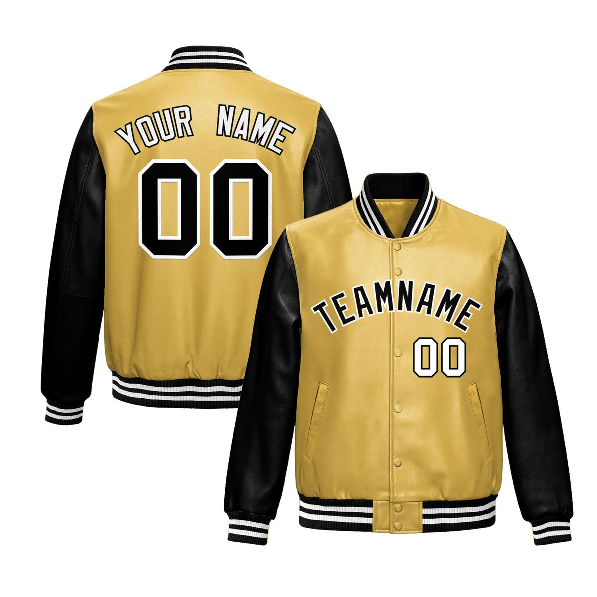Custom Khaki Black Raglan Sleeves Full-Snap Varsity Faux Leather Letterman Jacket