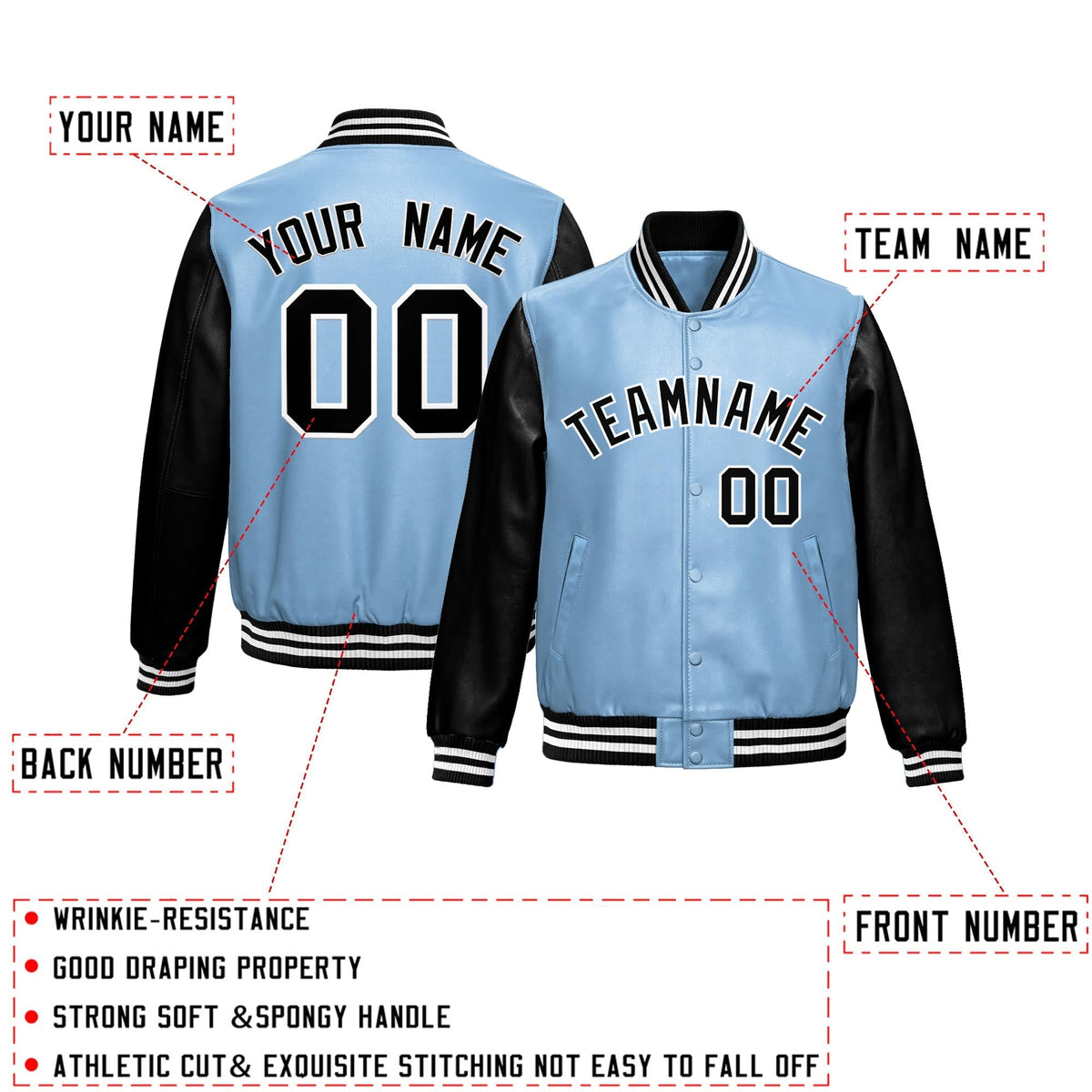 Custom Powder Blue Black Raglan Sleeves Full-Snap Varsity Faux Leather Letterman Jacket
