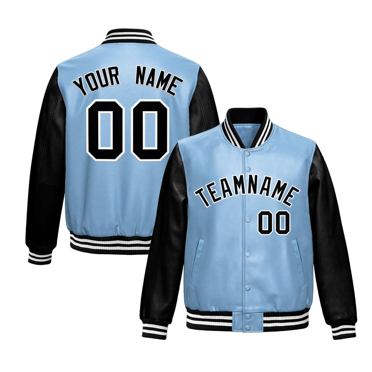 Custom Powder Blue Black Raglan Sleeves Full-Snap Varsity Faux Leather Letterman Jacket