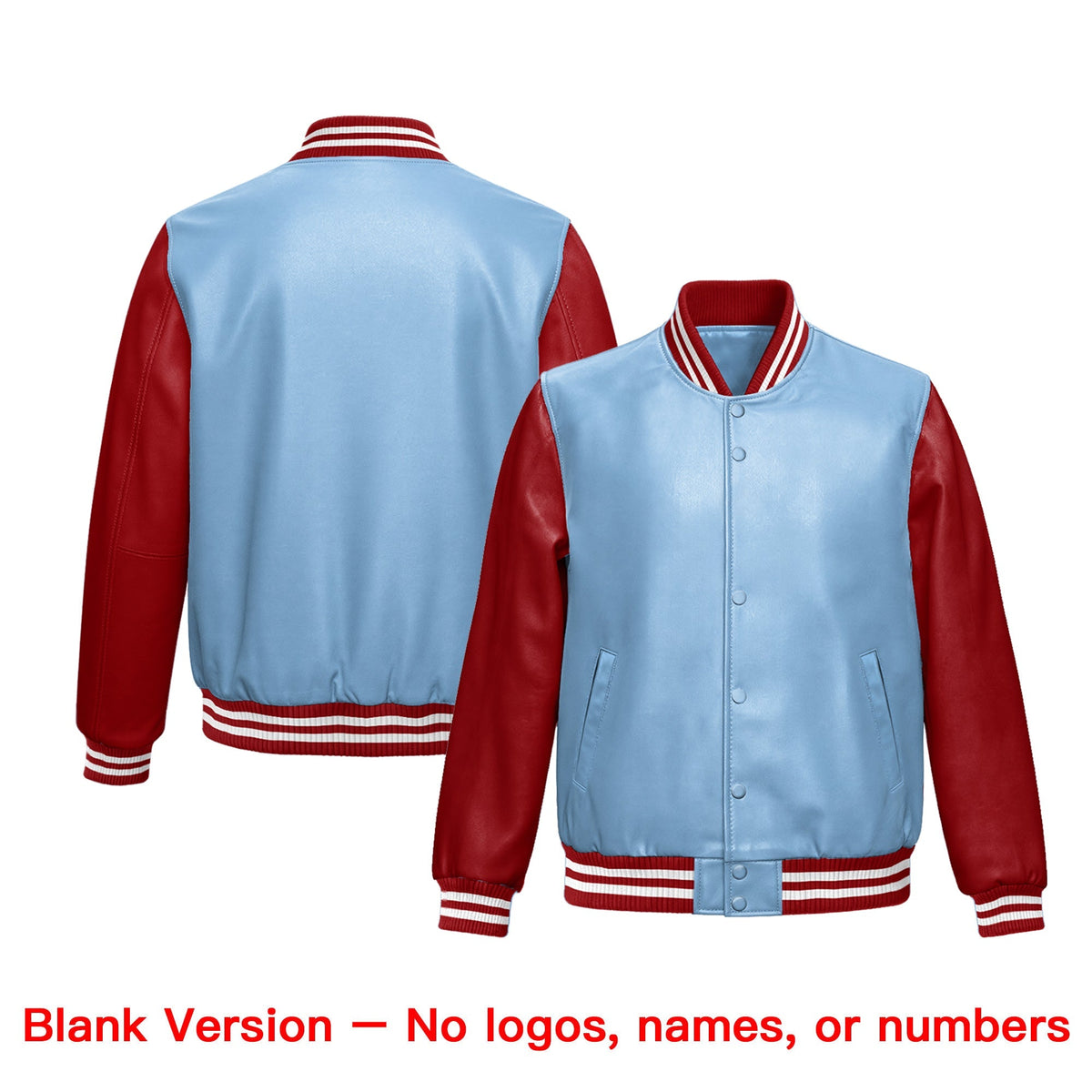 Custom Powder Blue Red Raglan Sleeves Full-Snap Varsity Faux Leather Letterman Jacket