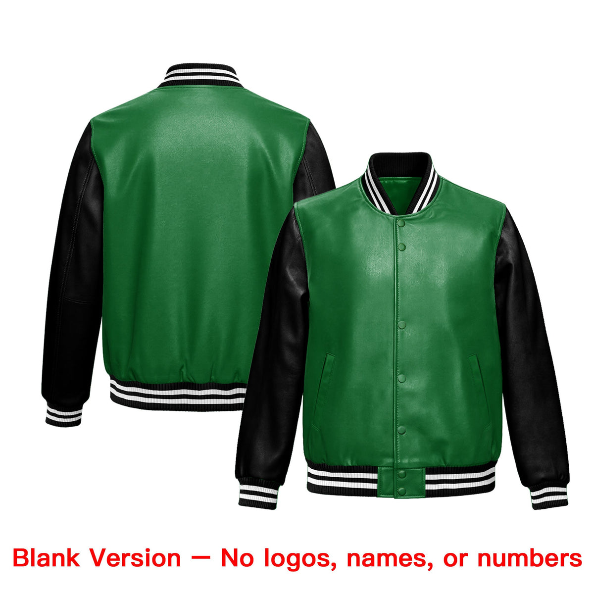 Custom Kelly Green Black Raglan Sleeves Full-Snap Varsity Faux Leather Letterman Jacket