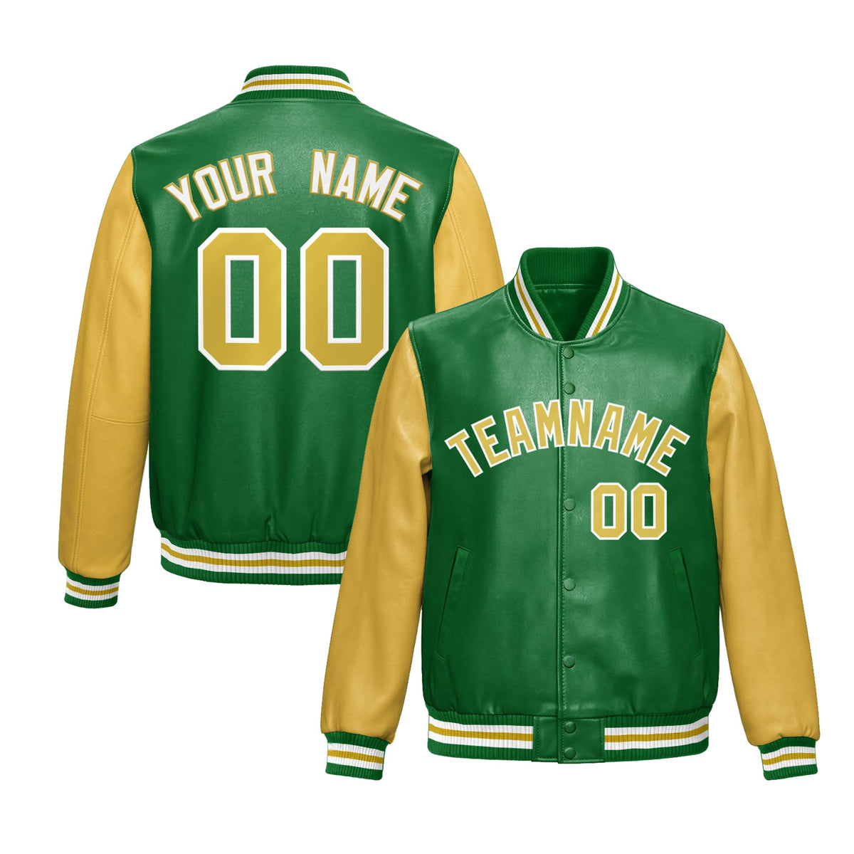 Custom Kelly Green Khaki Raglan Sleeves Full-Snap Varsity Faux Leather Letterman Jacket