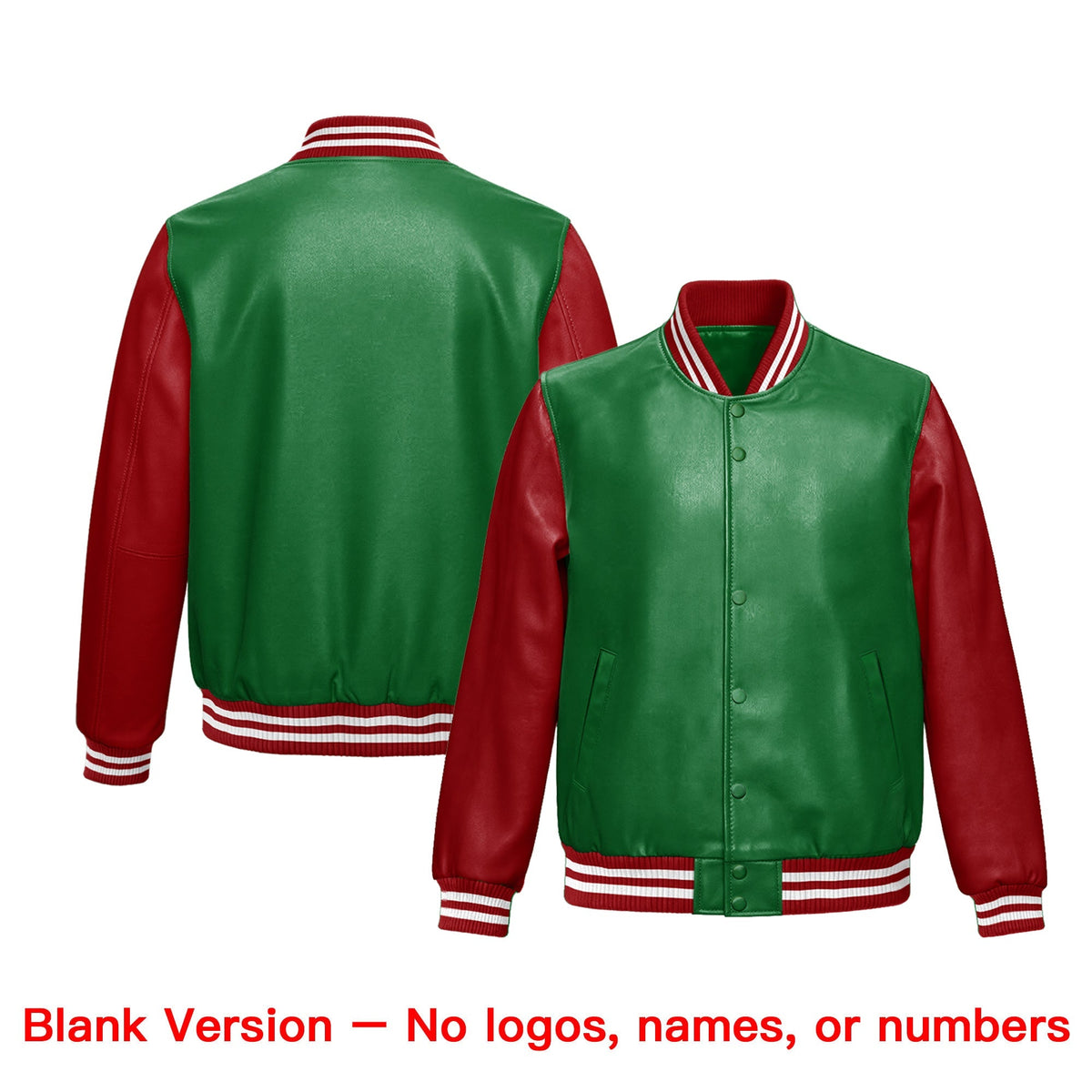 Custom Kelly Green Red Raglan Sleeves Full-Snap Varsity Faux Leather Letterman Jacket