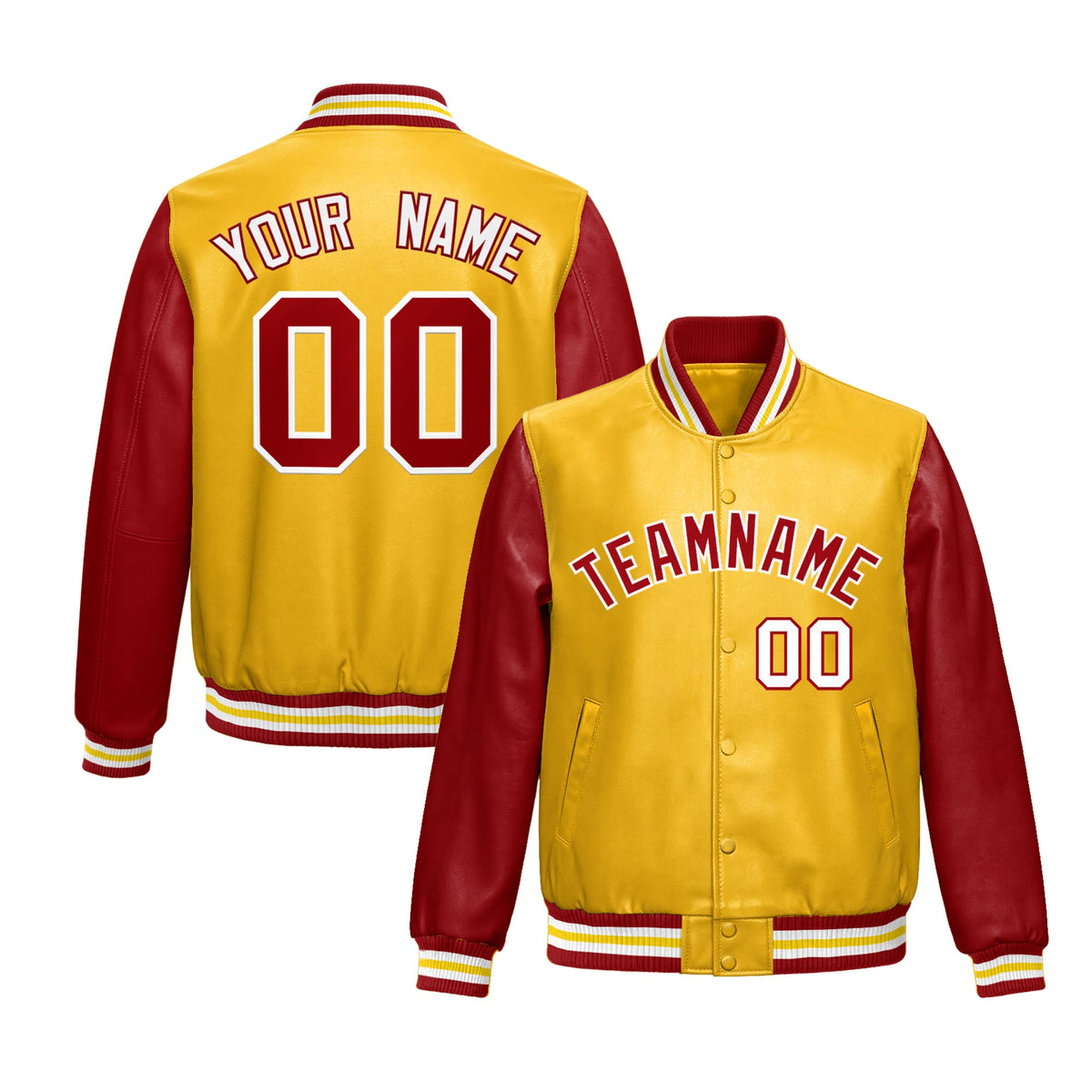 Custom Yellow Red Raglan Sleeves Full-Snap Varsity Faux Leather Letterman Jacket
