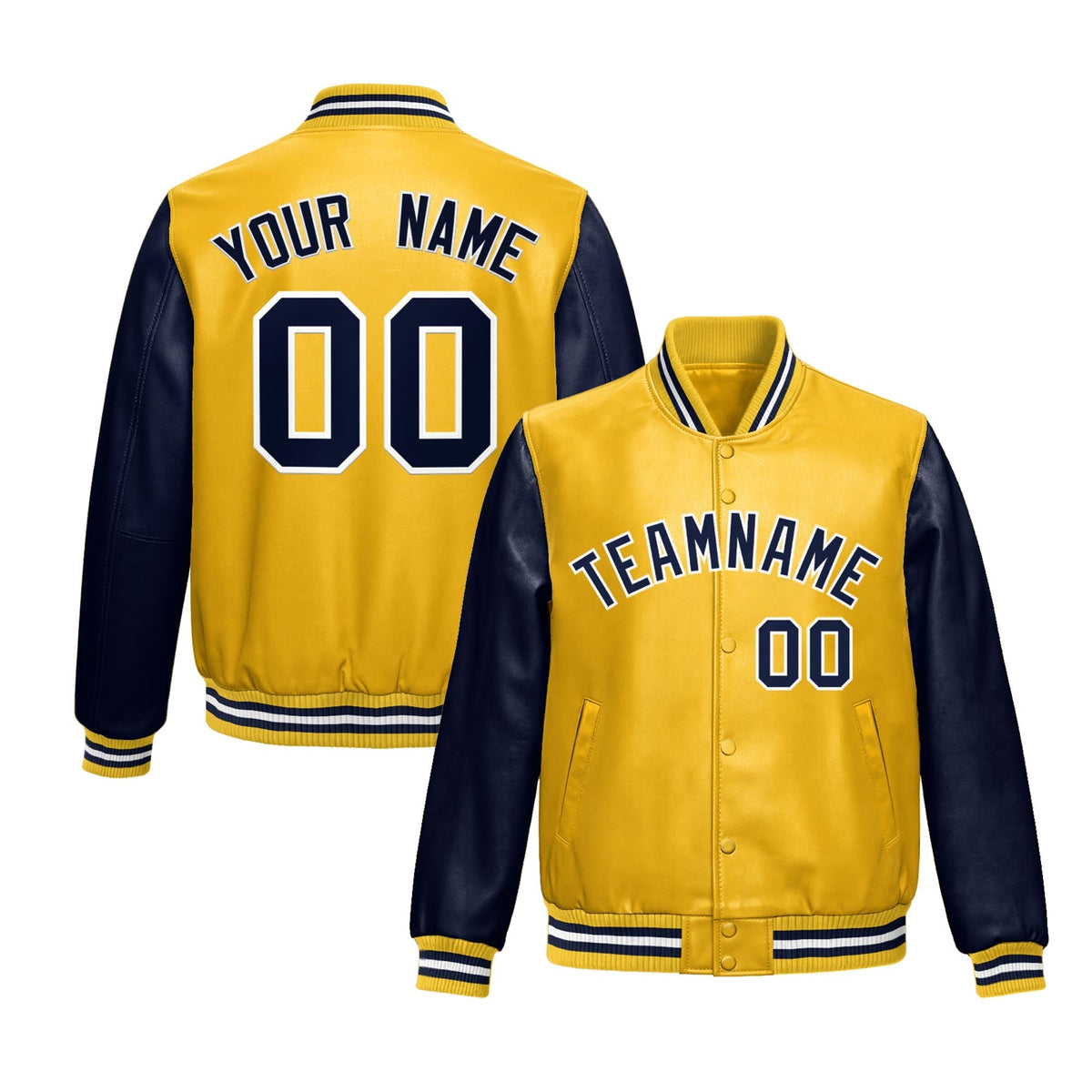Custom Yellow Navy Raglan Sleeves Full-Snap Varsity Faux Leather Letterman Jacket