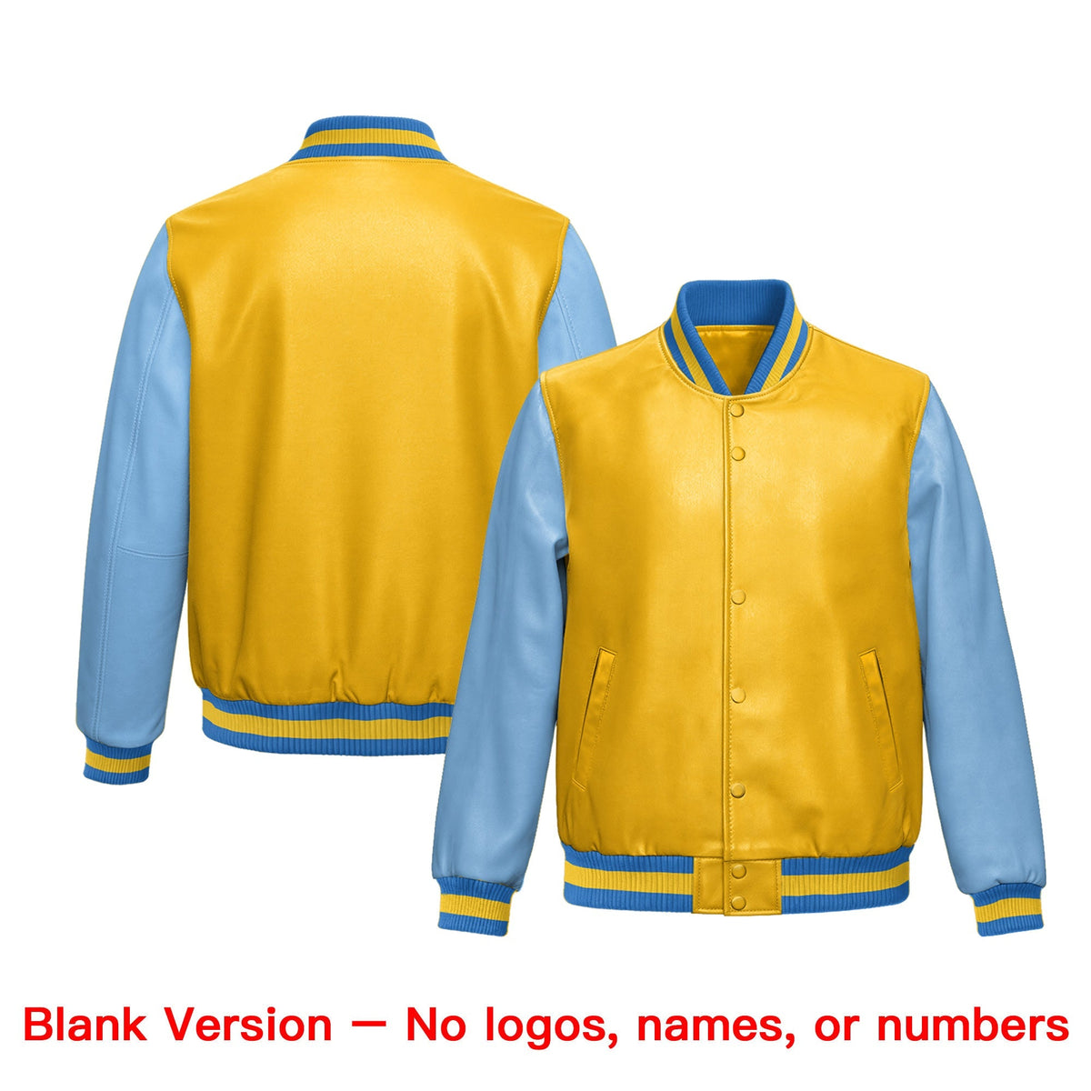 Custom Yellow Powder Blue Raglan Sleeves Full-Snap Varsity Faux Leather Letterman Jacket