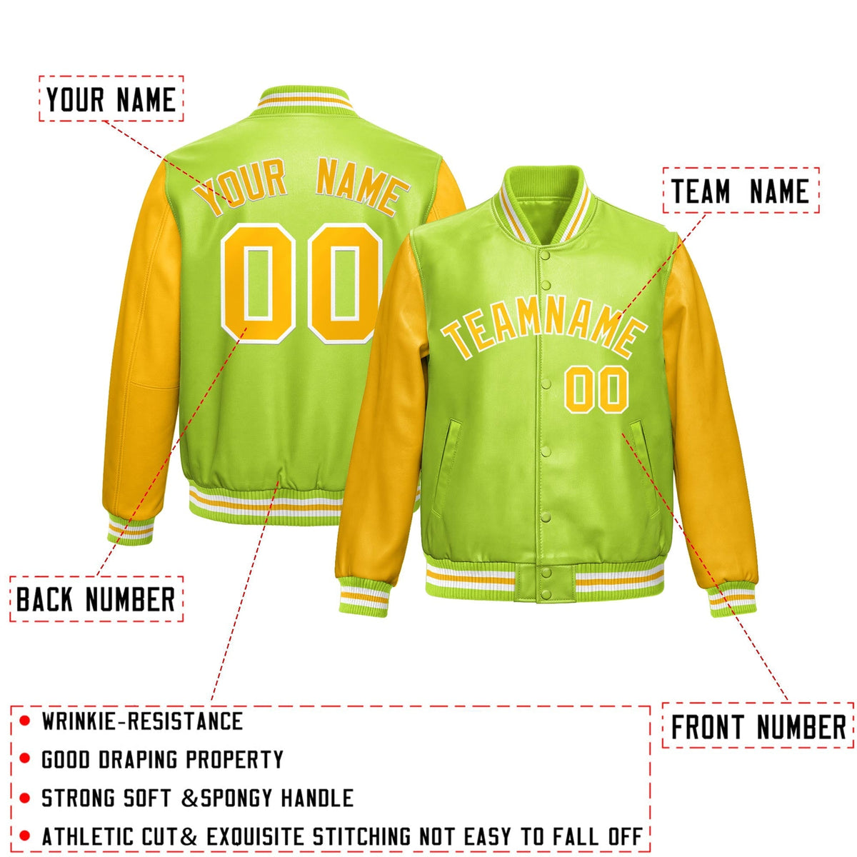 Custom Neon Green Yellow Raglan Sleeves Full-Snap Varsity Faux Leather Letterman Jacket