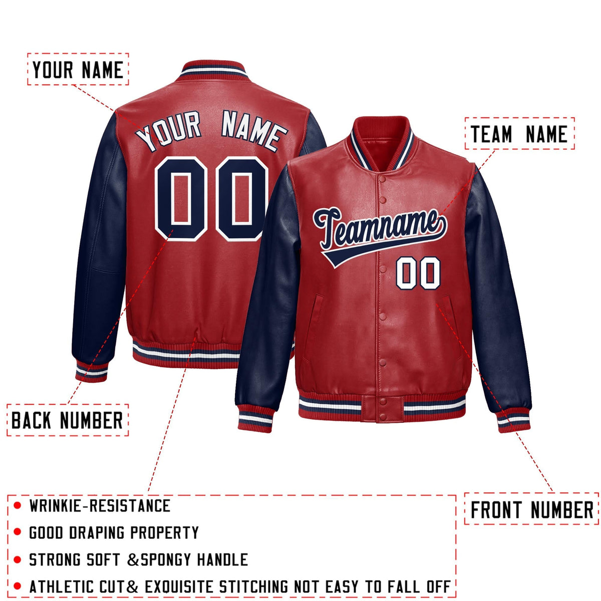 Custom Red Navy Raglan Sleeves Full-Snap Varsity Faux Leather Letterman Jacket
