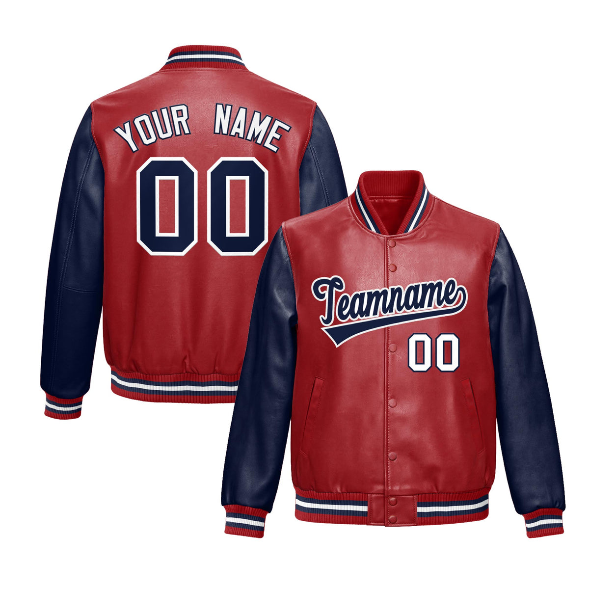 Custom Red Navy Raglan Sleeves Full-Snap Varsity Faux Leather Letterman Jacket