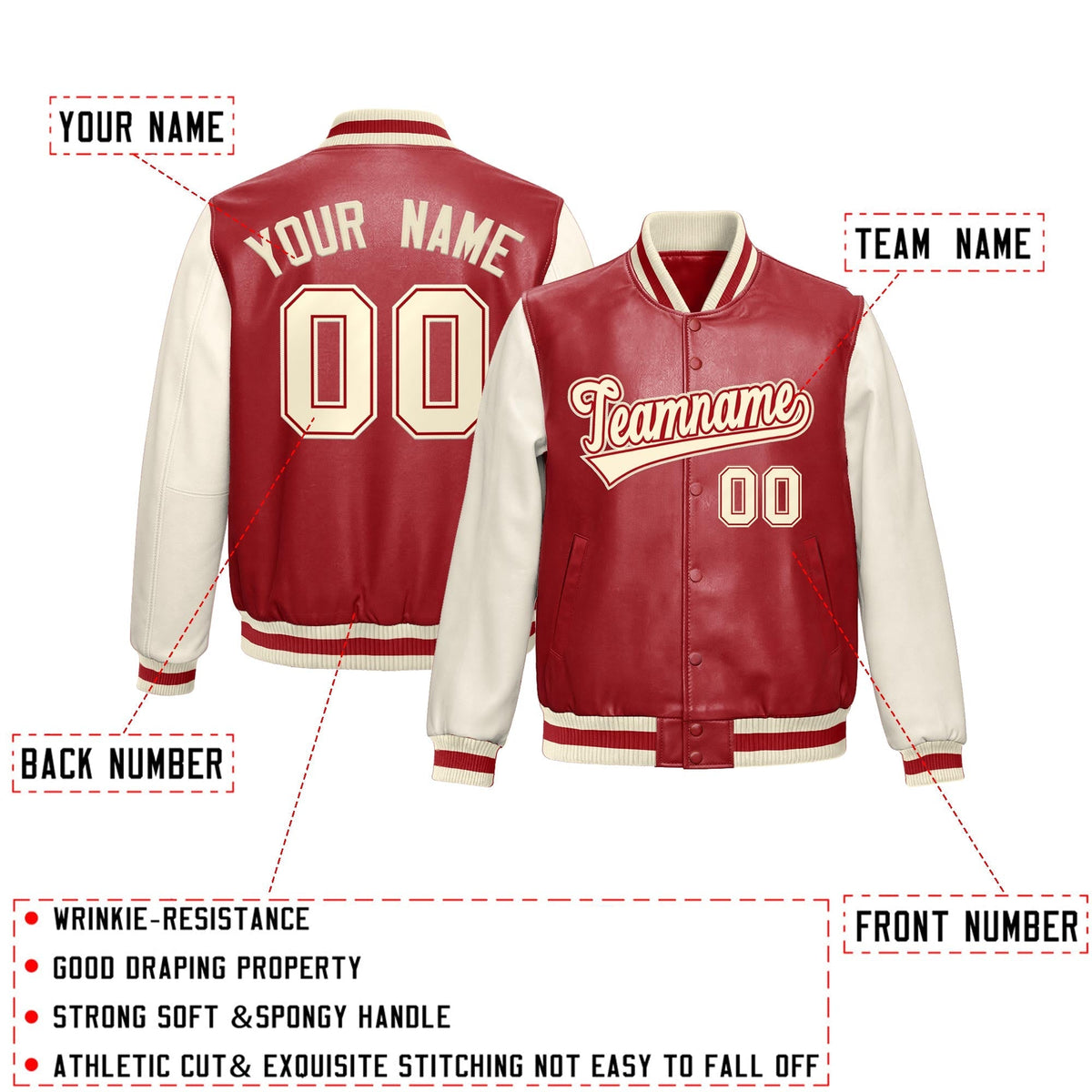 Custom Red Cream Raglan Sleeves Full-Snap Varsity Faux Leather Letterman Jacket