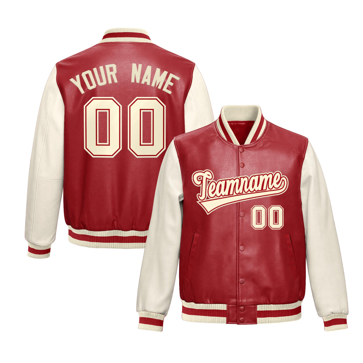 Custom Red Cream Raglan Sleeves Full-Snap Varsity Faux Leather Letterman Jacket