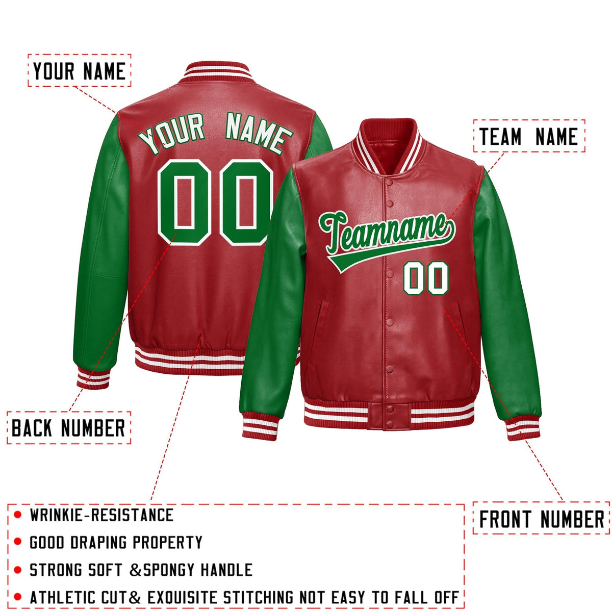 Custom Red Kelly Green Raglan Sleeves Full-Snap Varsity Faux Leather Letterman Jacket
