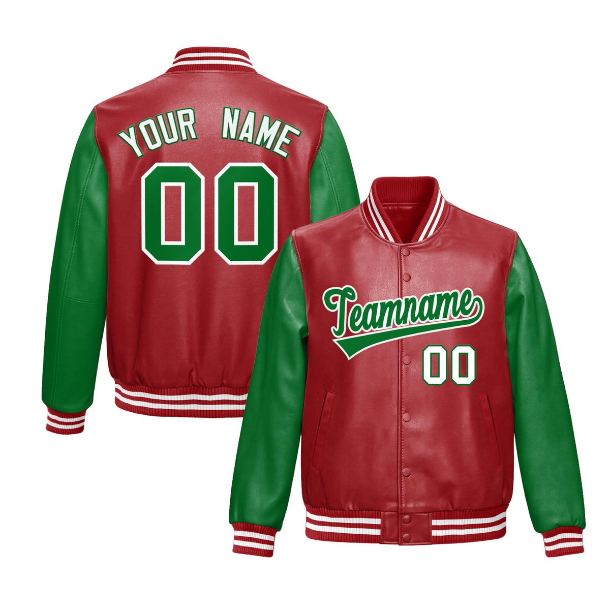 Custom Red Kelly Green Raglan Sleeves Full-Snap Varsity Faux Leather Letterman Jacket