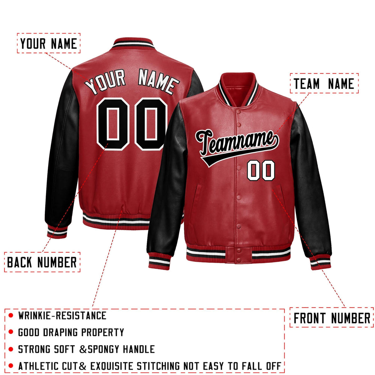 Custom Red Black Raglan Sleeves Full-Snap Varsity Faux Leather Letterman Jacket