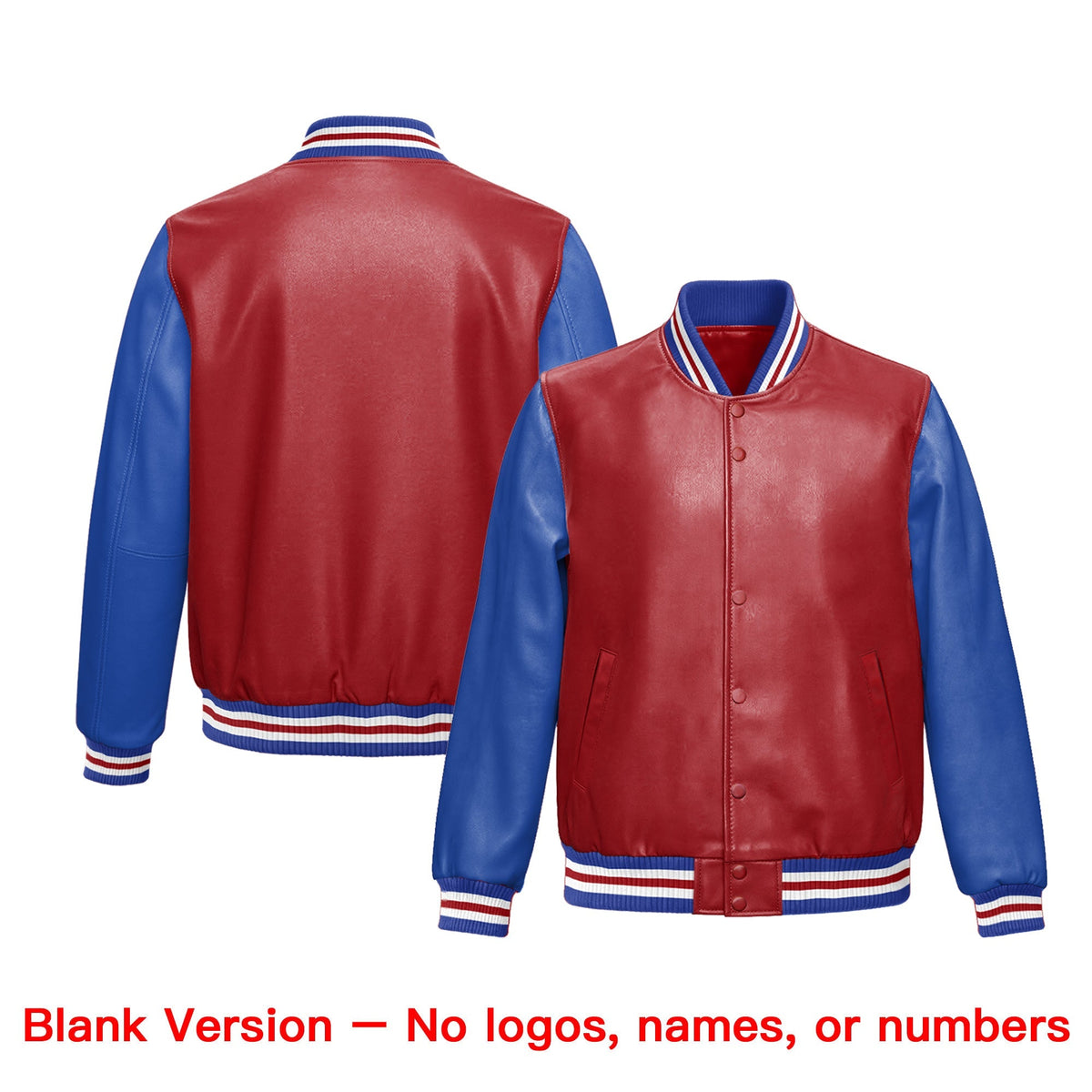 Custom Red Royal Blue Raglan Sleeves Full-Snap Varsity Faux Leather Letterman Jacket