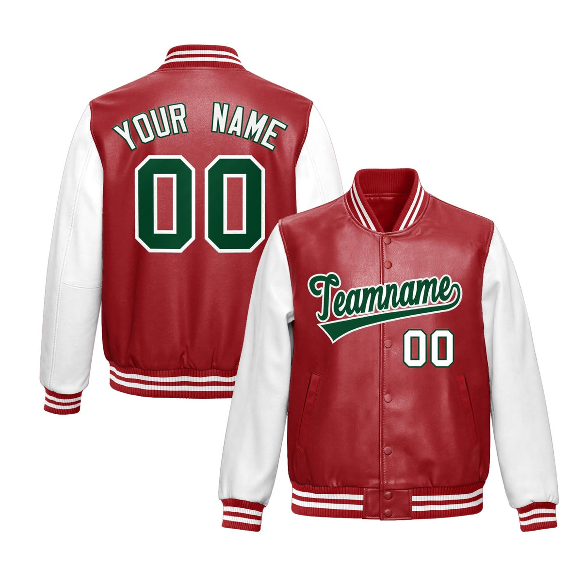 Custom Red White Raglan Sleeves Full-Snap Varsity Faux Leather Letterman Jacket