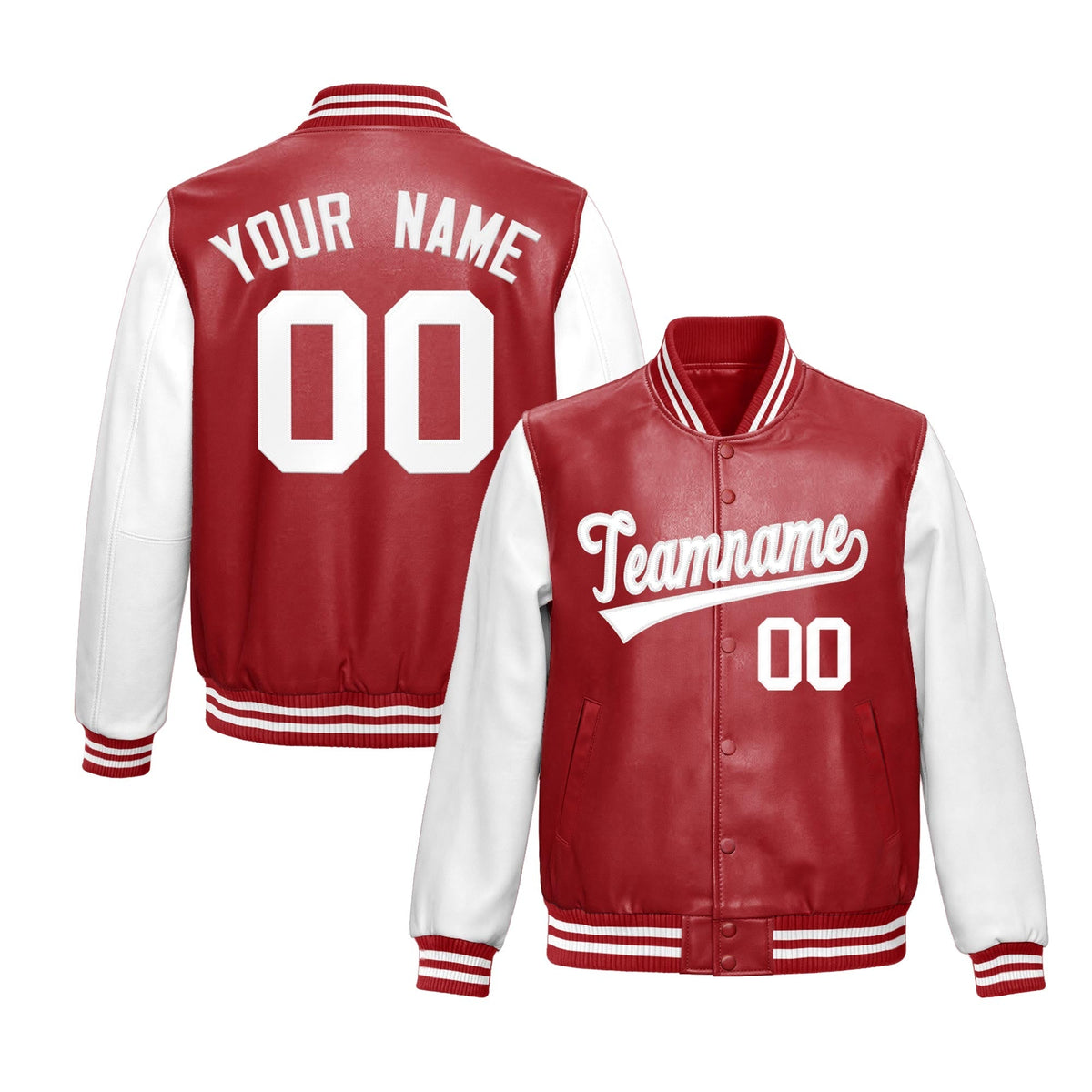 Custom Red White Raglan Sleeves Full-Snap Varsity Faux Leather Letterman Jacket