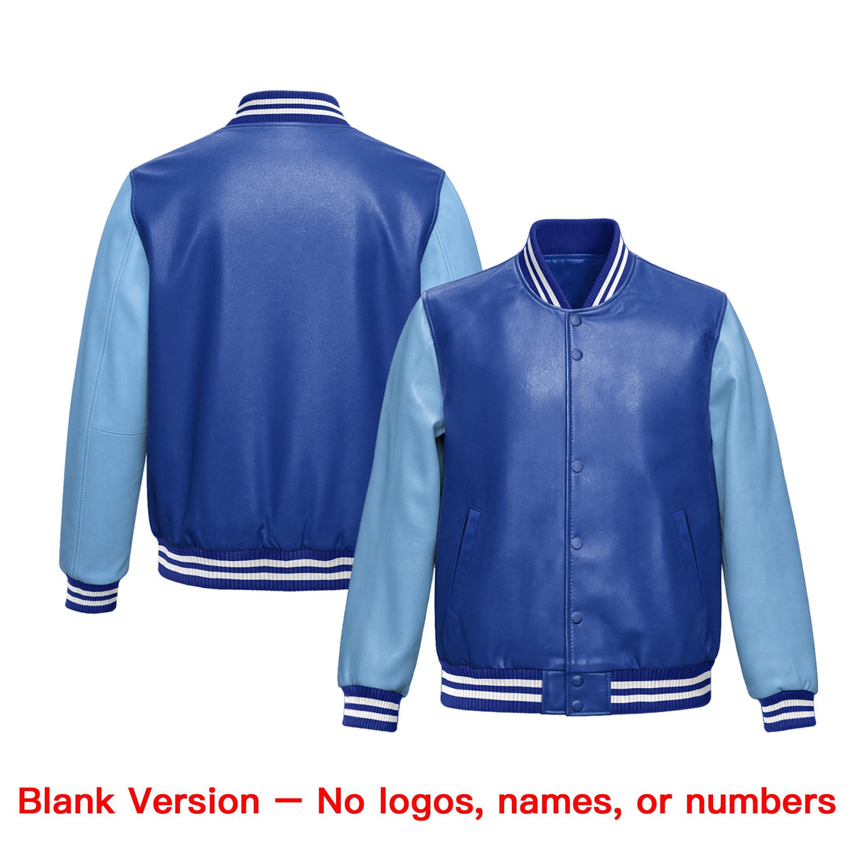 Custom Royal Blue Powder Blue Raglan Sleeves Full-Snap Varsity Faux Leather Letterman Jacket