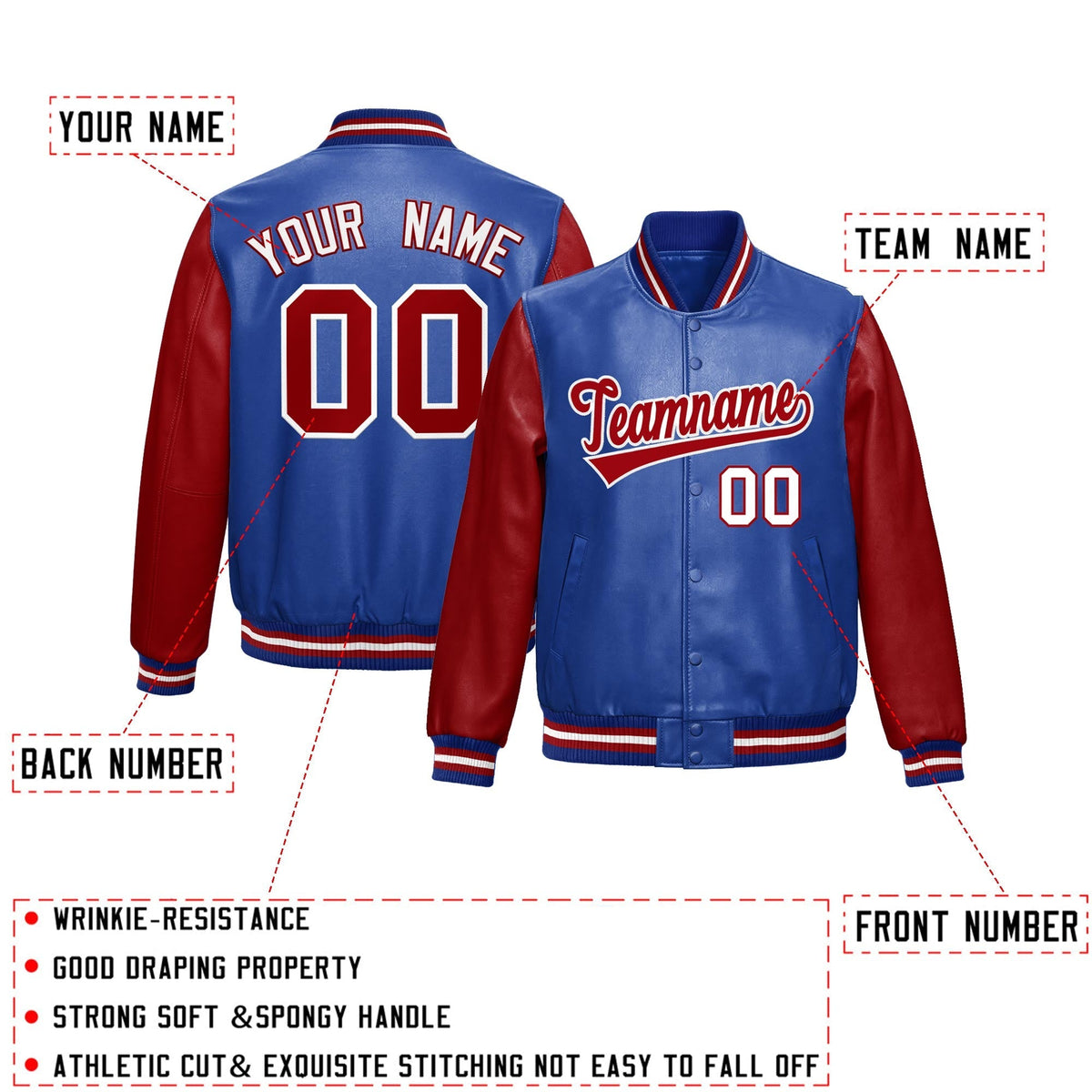 Custom Royal Blue Red Raglan Sleeves Full-Snap Varsity Faux Leather Letterman Jacket