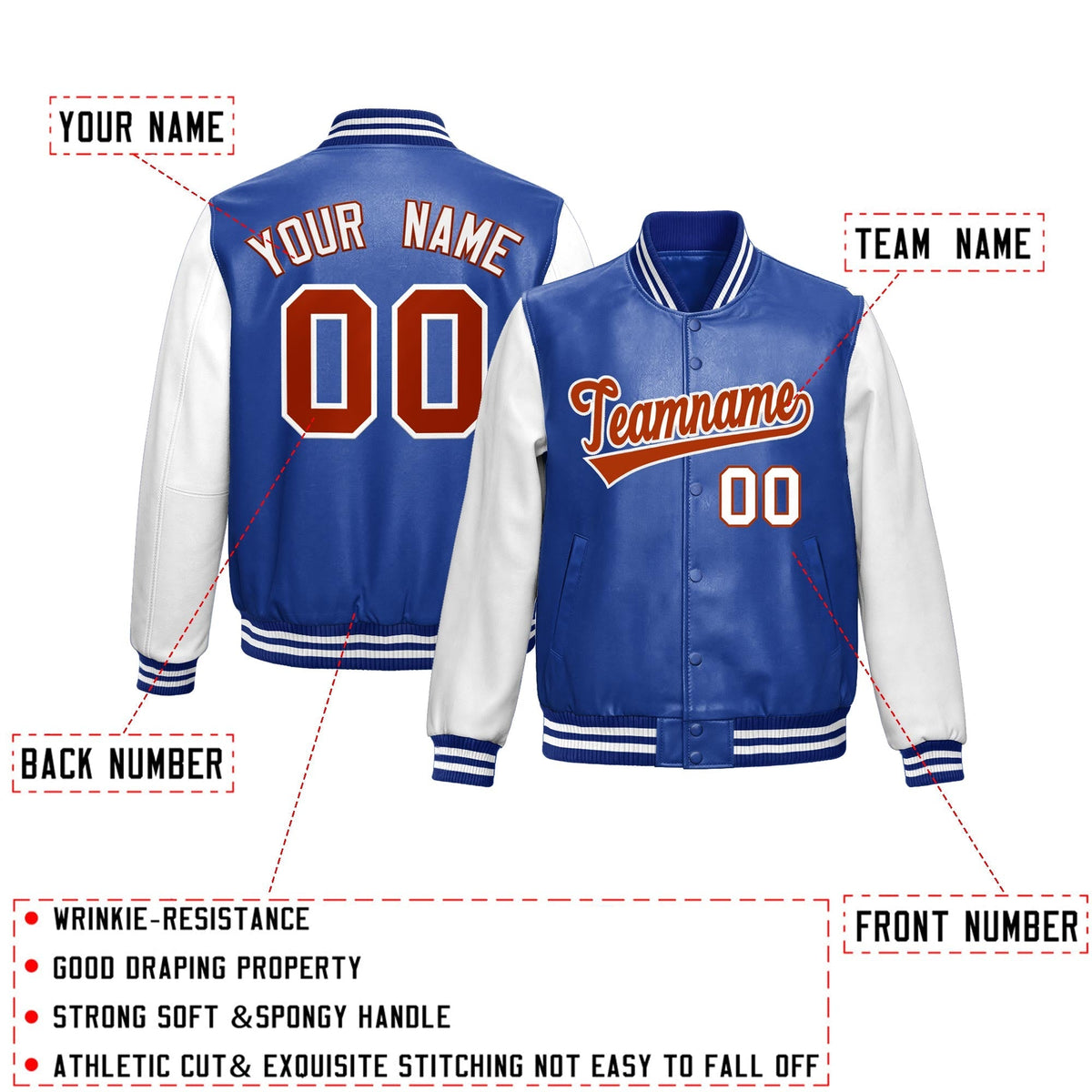 Custom Royal Blue White Raglan Sleeves Full-Snap Varsity Faux Leather Letterman Jacket