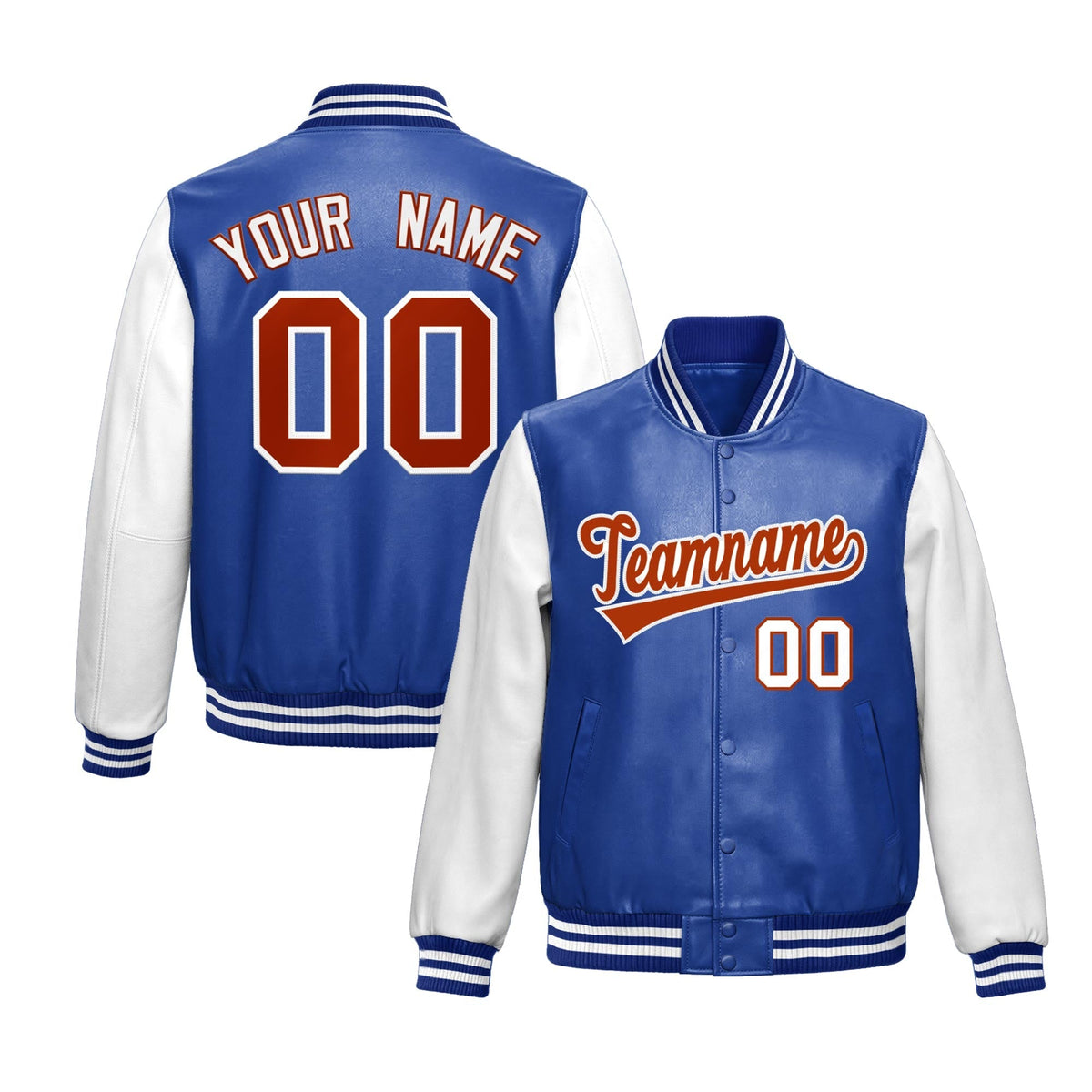 Custom Royal Blue White Raglan Sleeves Full-Snap Varsity Faux Leather Letterman Jacket
