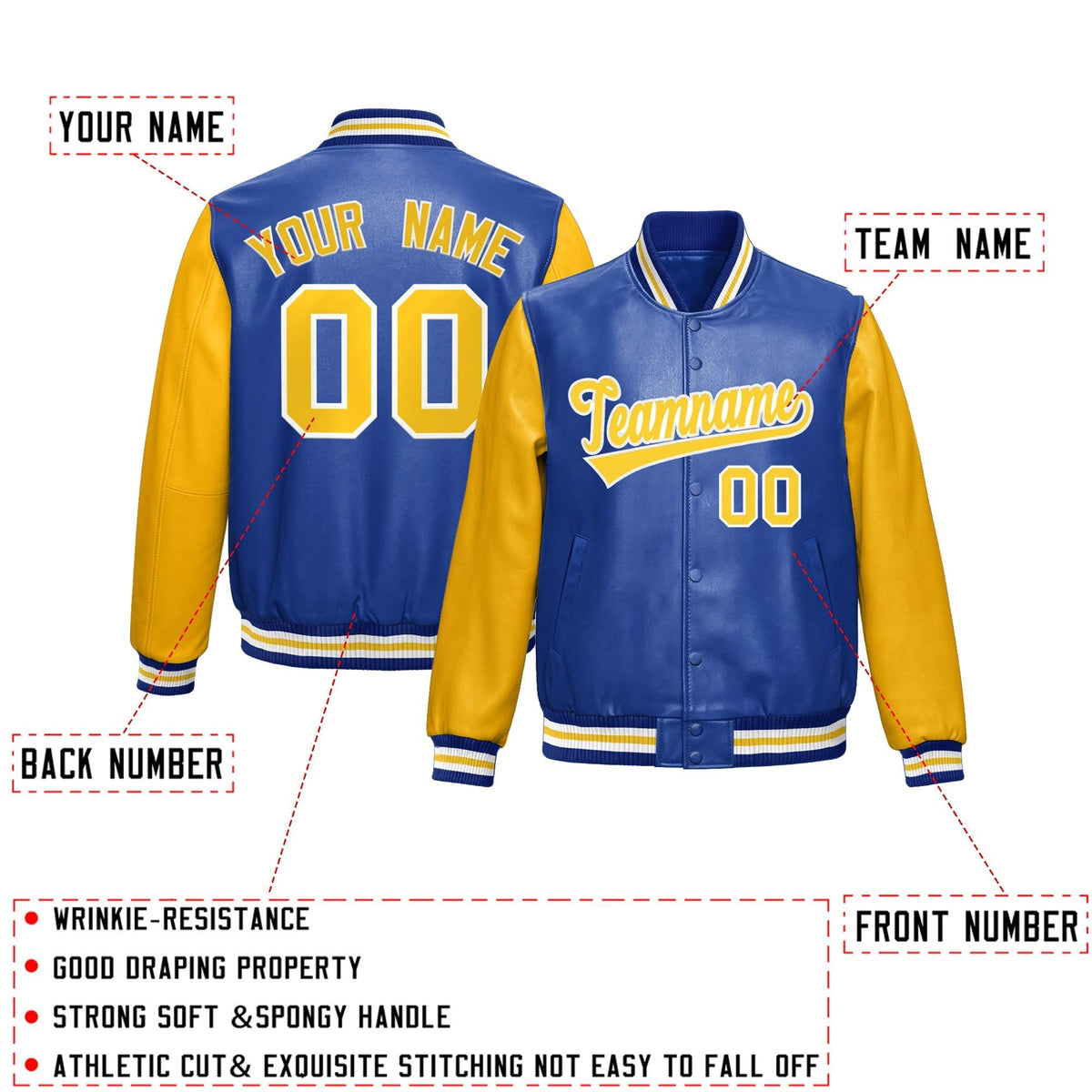 Custom Royal Blue Yellow Raglan Sleeves Full-Snap Varsity Faux Leather Letterman Jacket