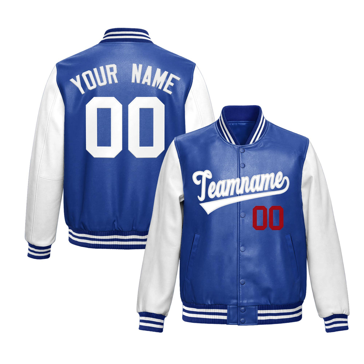 Custom Royal Blue White Raglan Sleeves Full-Snap Varsity Faux Leather Letterman Jacket