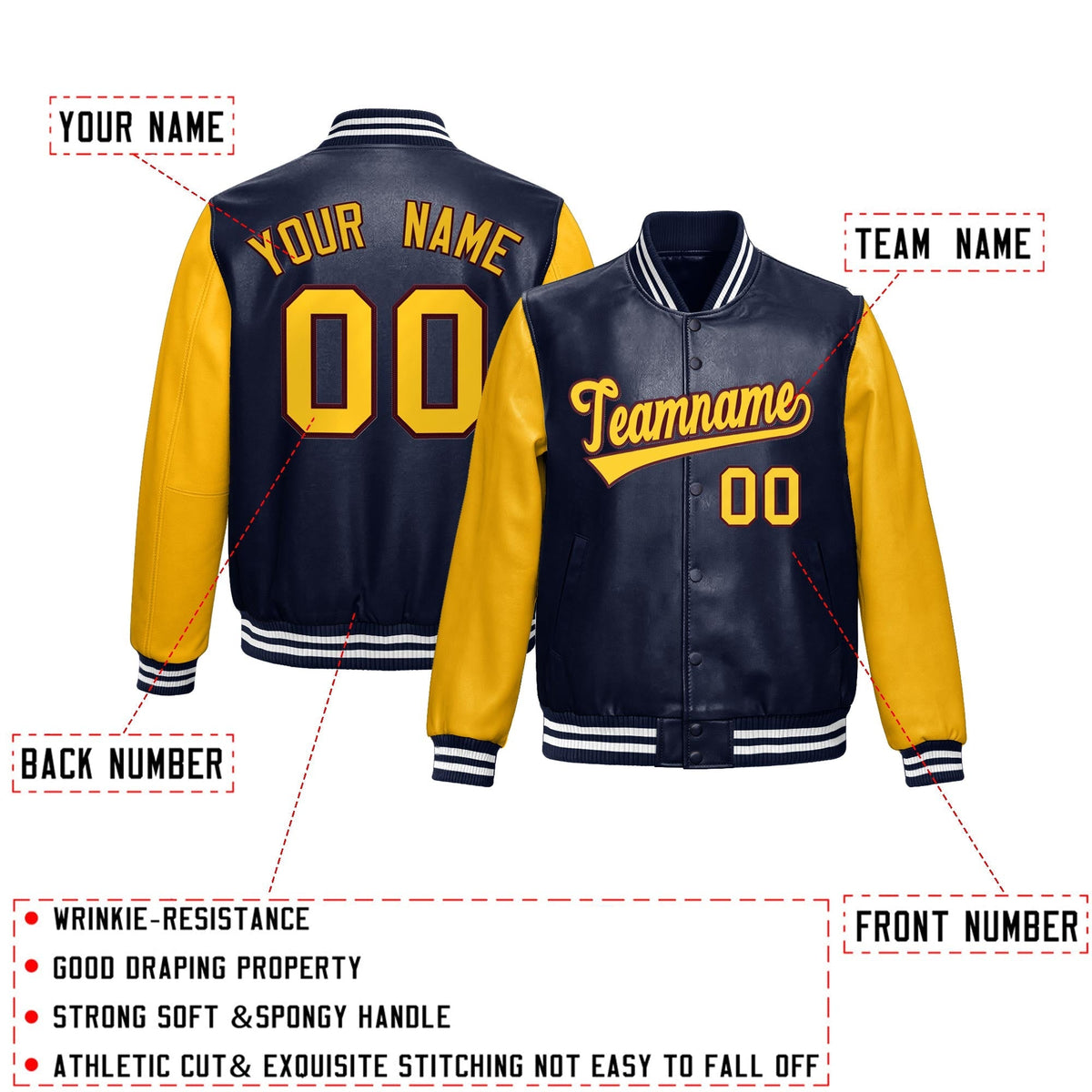 Custom Navy Yellow Raglan Sleeves Full-Snap Varsity Faux Leather Letterman Jacket