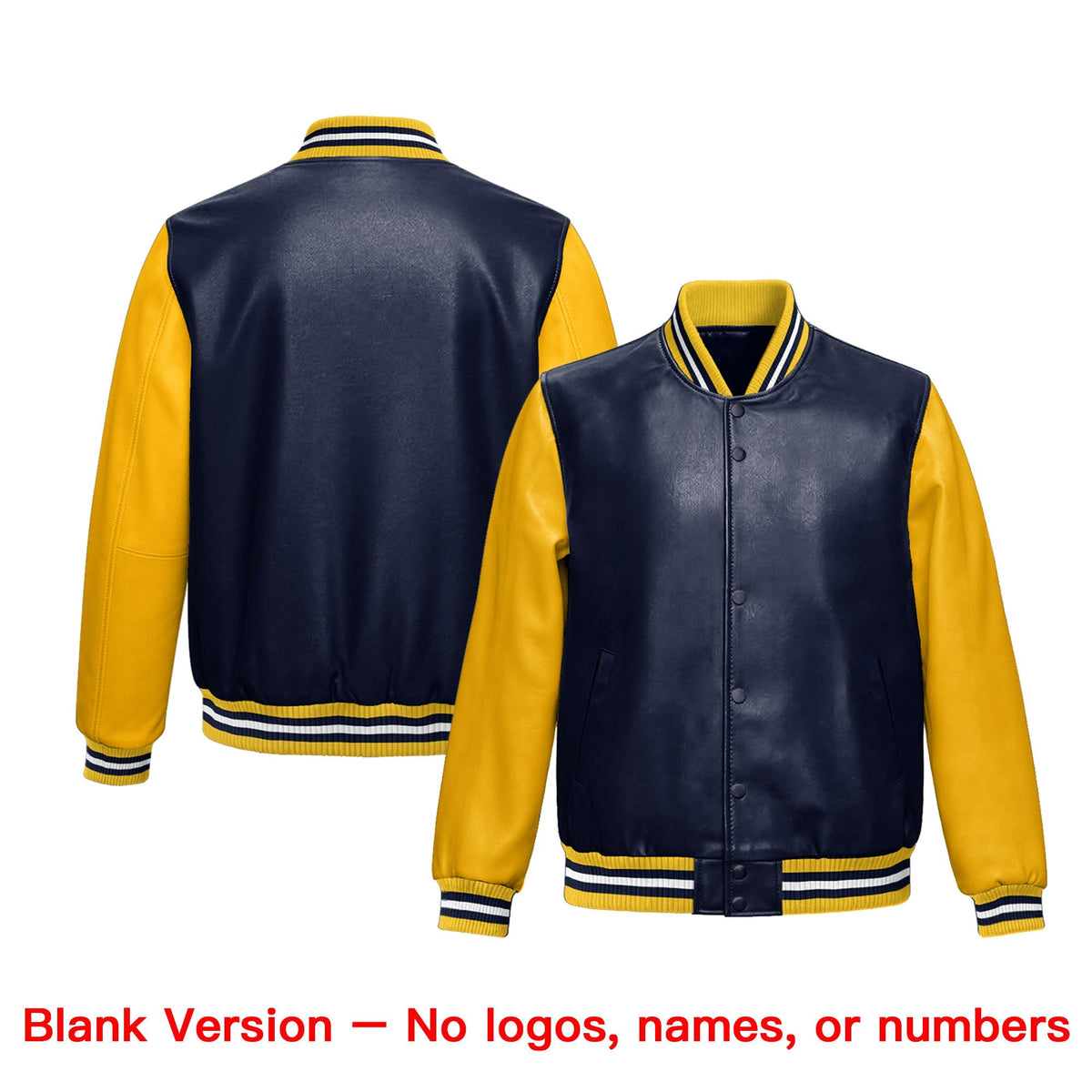 Custom Navy Yellow Raglan Sleeves Full-Snap Varsity Faux Leather Letterman Jacket