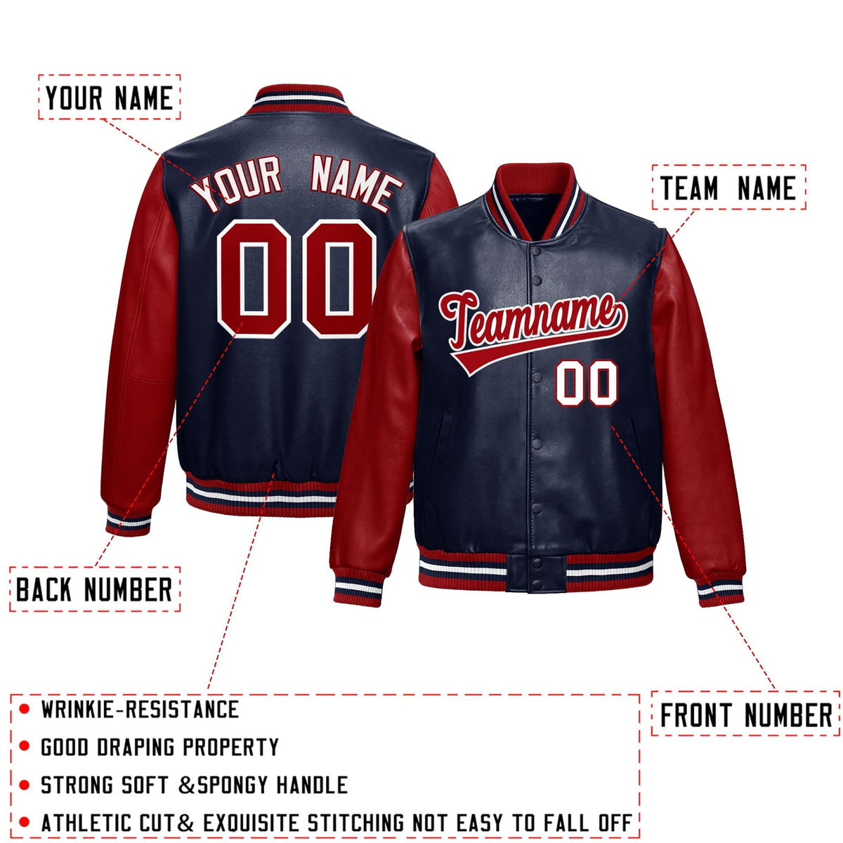 Custom Navy Red Raglan Sleeves Full-Snap Varsity Faux Leather Letterman Jacket