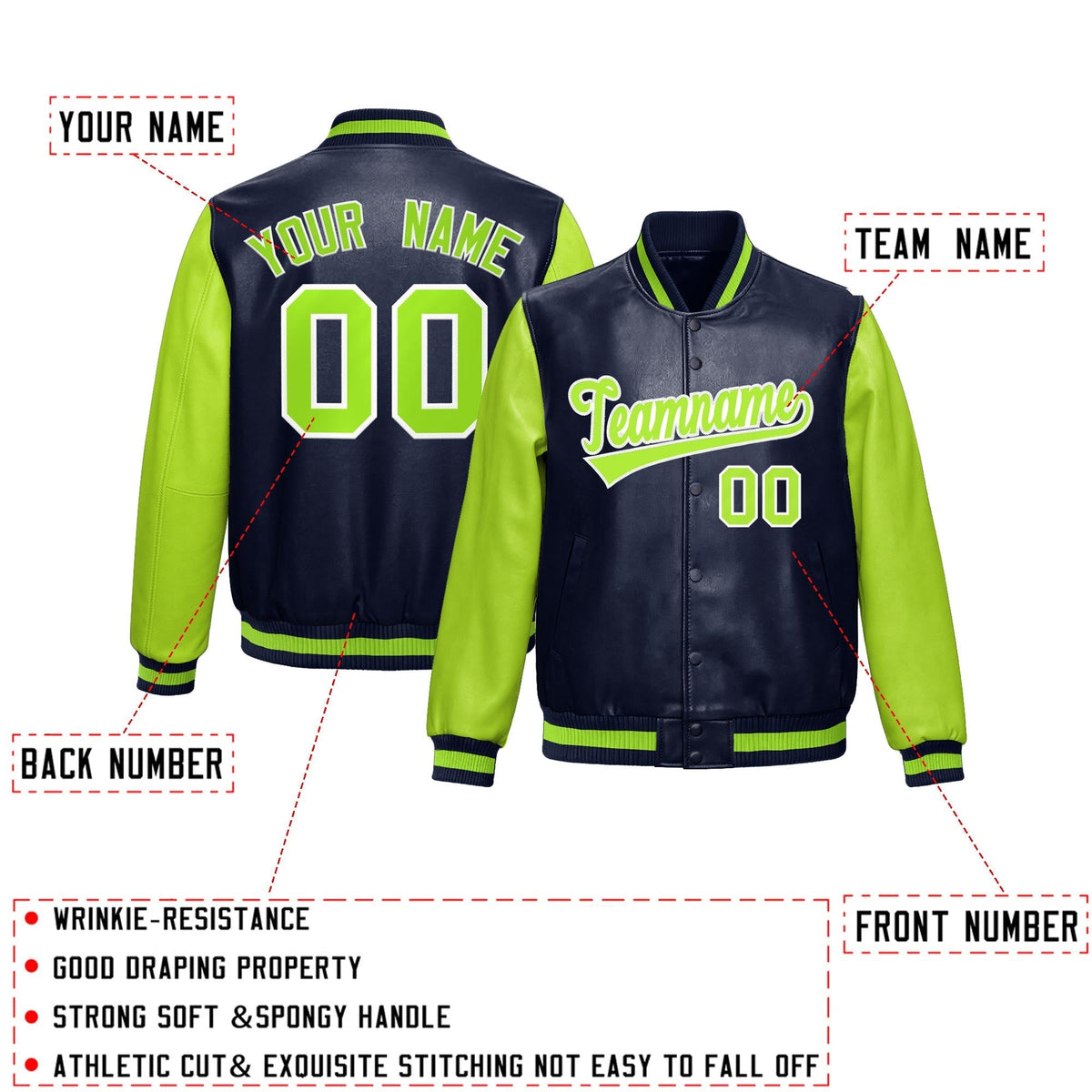 Custom Navy Neon Green Raglan Sleeves Full-Snap Varsity Faux Leather Letterman Jacket