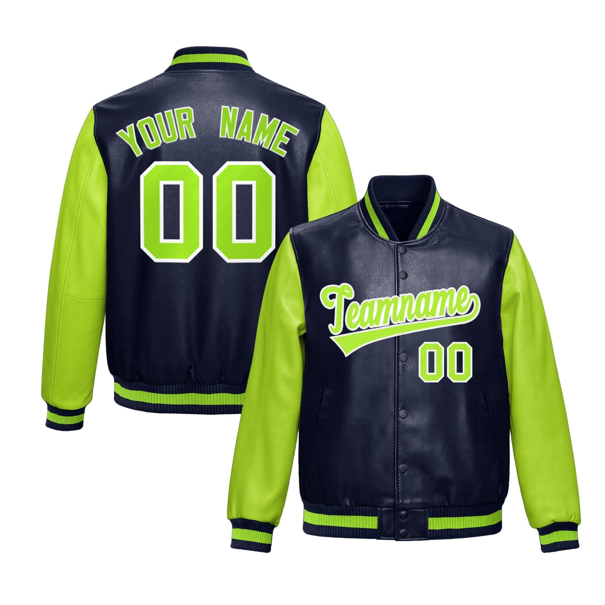 Custom Navy Neon Green Raglan Sleeves Full-Snap Varsity Faux Leather Letterman Jacket