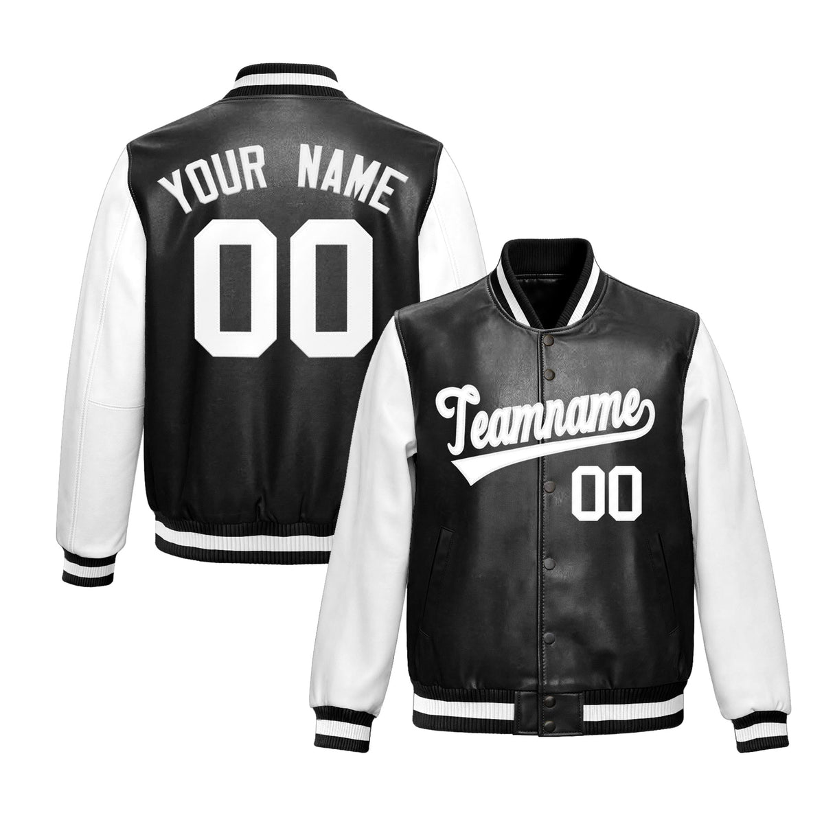 Custom Black White Raglan Sleeves Full-Snap Varsity Faux Leather Letterman Jacket