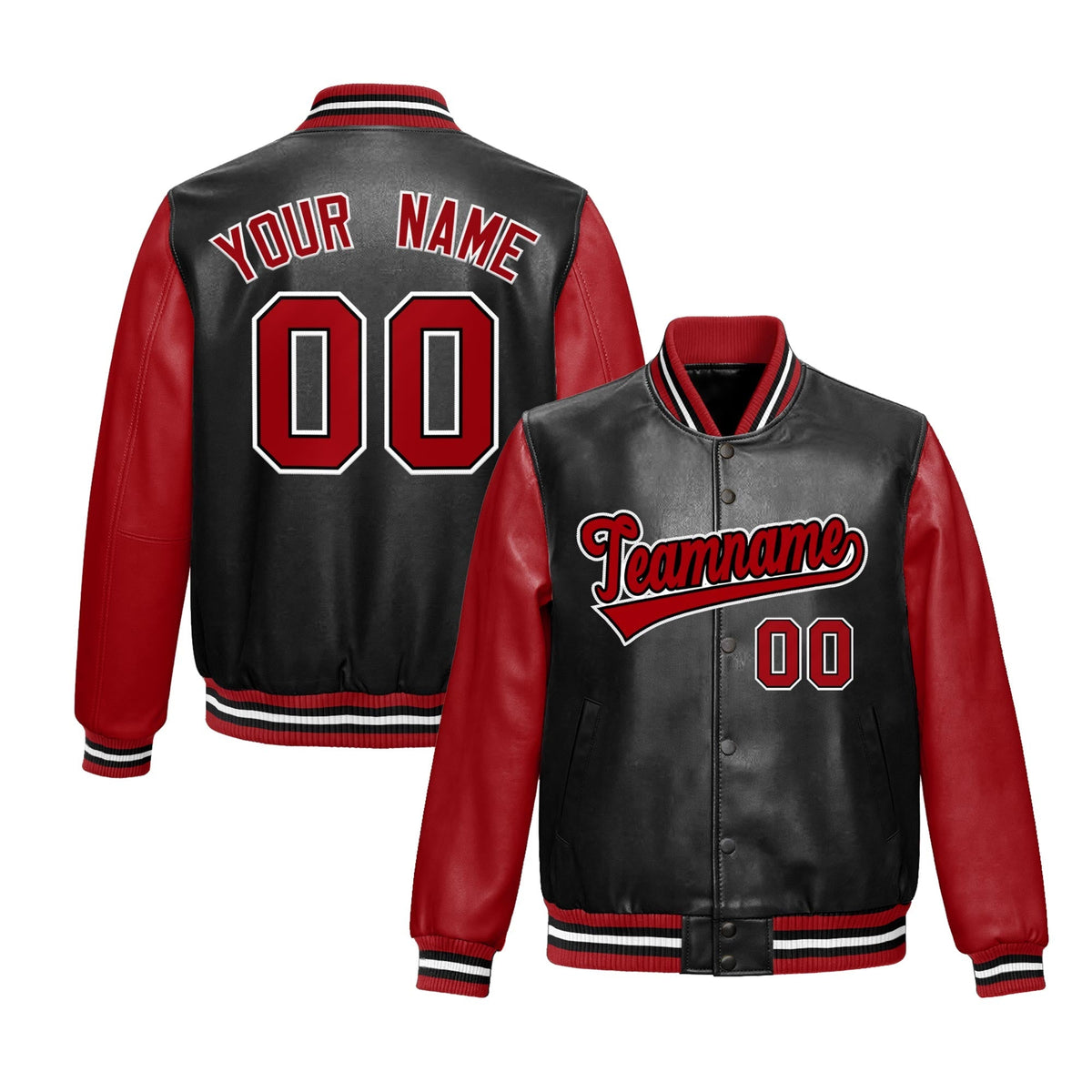 Custom Black Red Raglan Sleeves Full-Snap Varsity Faux Leather Letterman Jacket