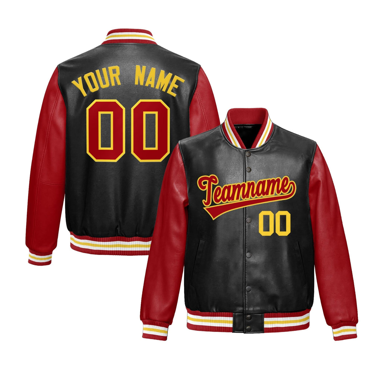 Custom Black Red Gold Raglan Sleeves Full-Snap Varsity Faux Leather Letterman Jacket
