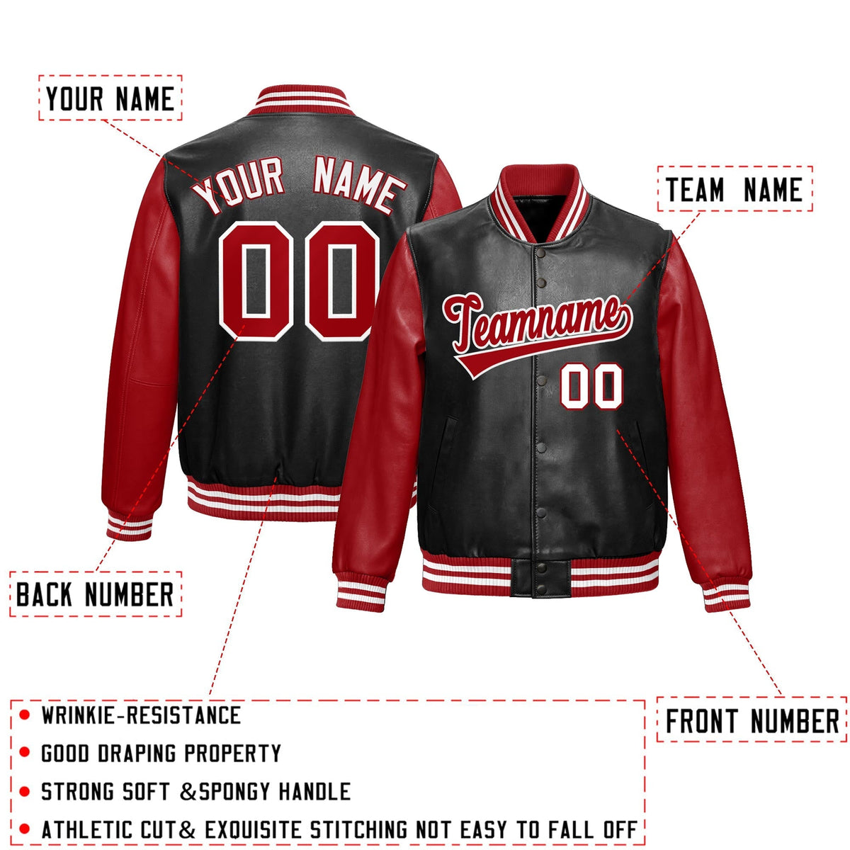 Custom Black Red White Raglan Sleeves Full-Snap Varsity Faux Leather Letterman Jacket