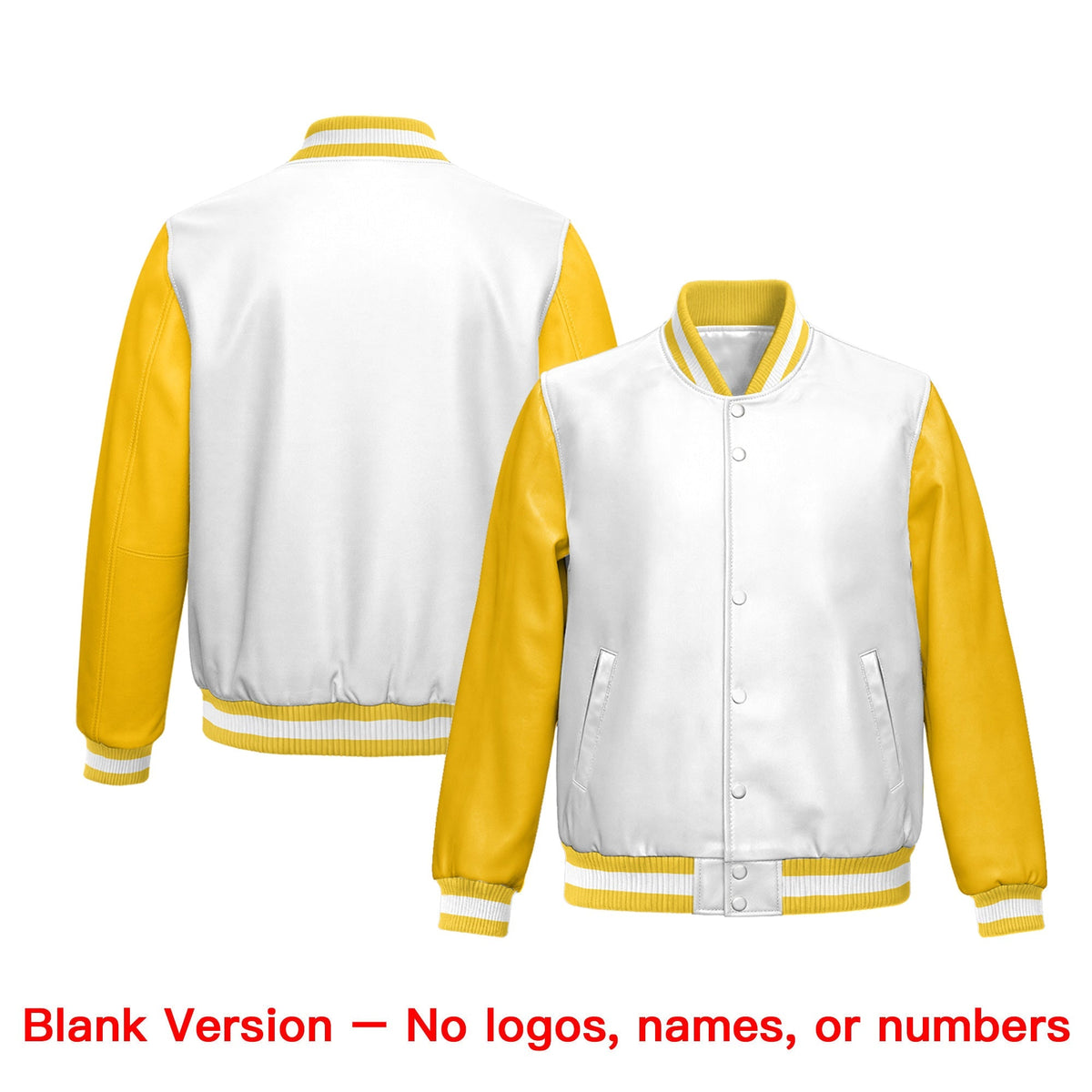 Custom White Yellow Raglan Sleeves Full-Snap Varsity Faux Leather Letterman Jacket