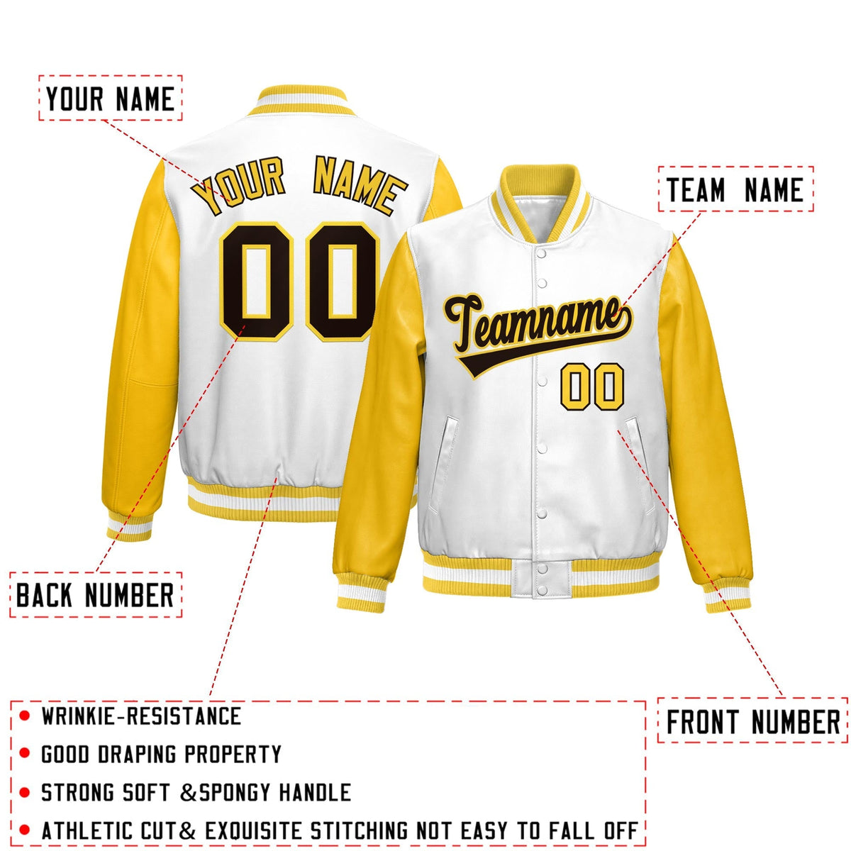 Custom White Yellow Raglan Sleeves Full-Snap Varsity Faux Leather Letterman Jacket