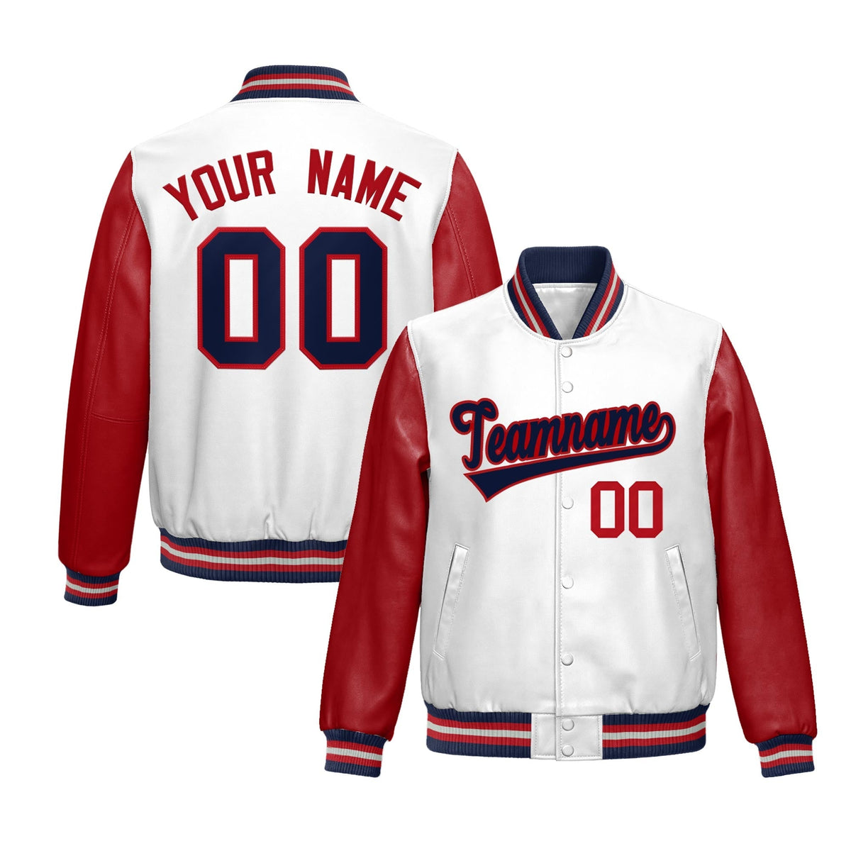 Custom White Red Navy Raglan Sleeves Full-Snap Varsity Faux Leather Letterman Jacket