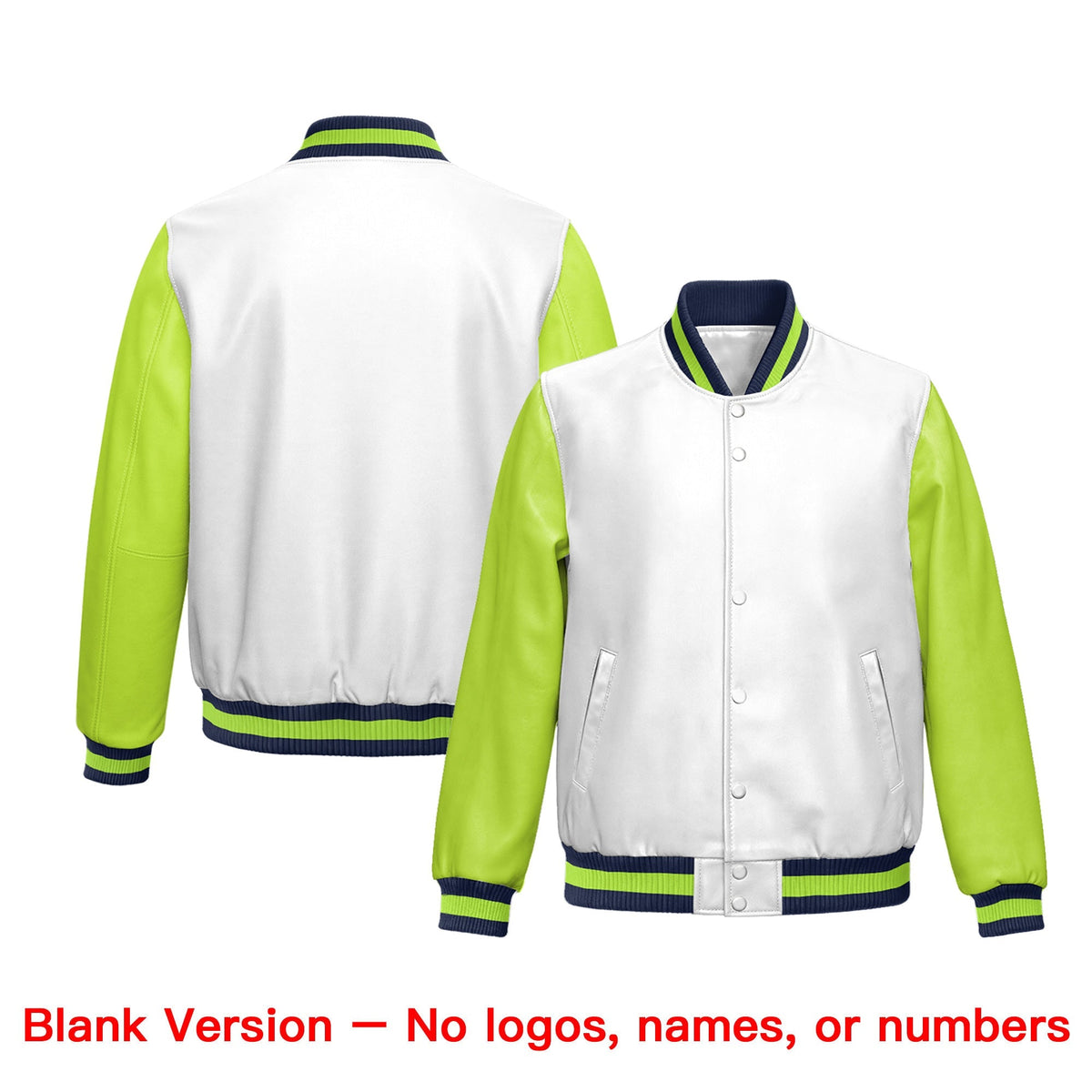 Custom White Neon Green Raglan Sleeves Full-Snap Varsity Faux Leather Letterman Jacket