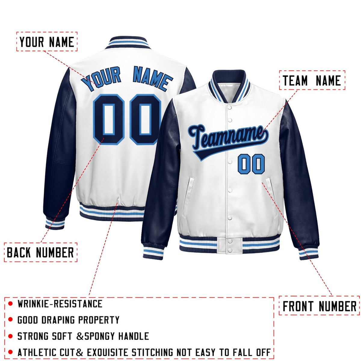 Custom White Navy Raglan Sleeves Full-Snap Varsity Faux Leather Letterman Jacket