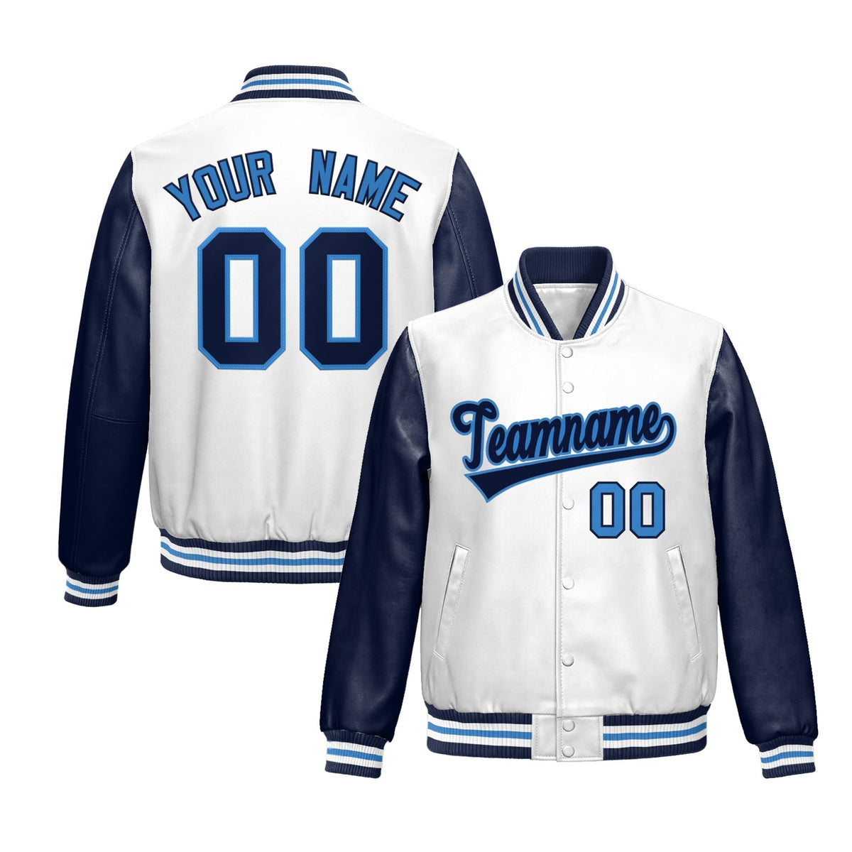 Custom White Navy Raglan Sleeves Full-Snap Varsity Faux Leather Letterman Jacket