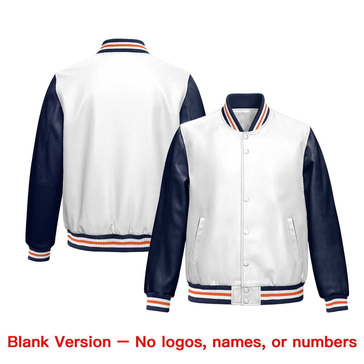 Custom White Navy Raglan Sleeves Full-Snap Varsity Faux Leather Letterman Jacket